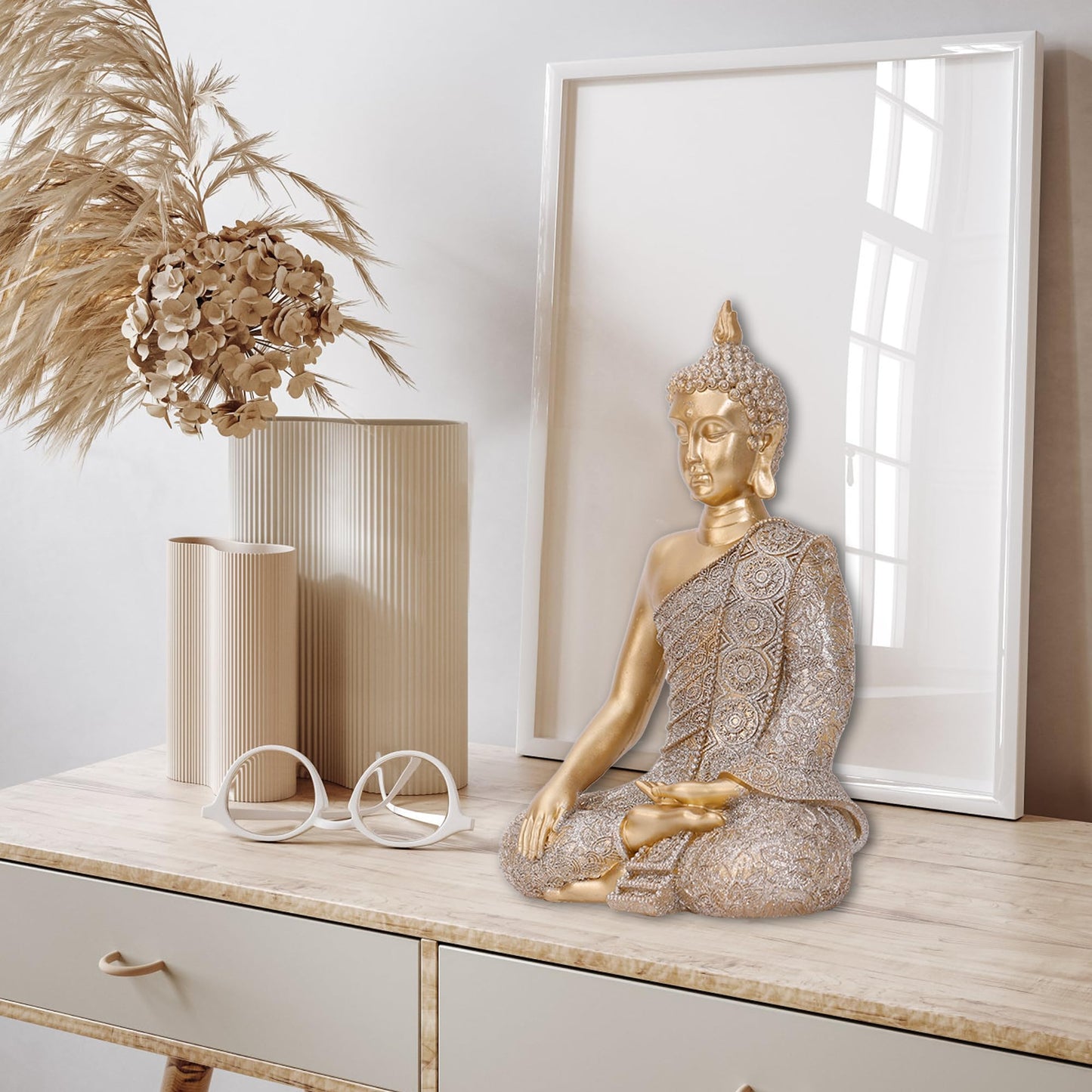 Golden Buddha Figurine - Meditating Seated Buddha Statue - Polyresin Statuary Meditation Figurine Altar Spiritual Decoration Indoor Outdoor Asia Sculpture for Garden, Patio, Deck, Porch Yard Art