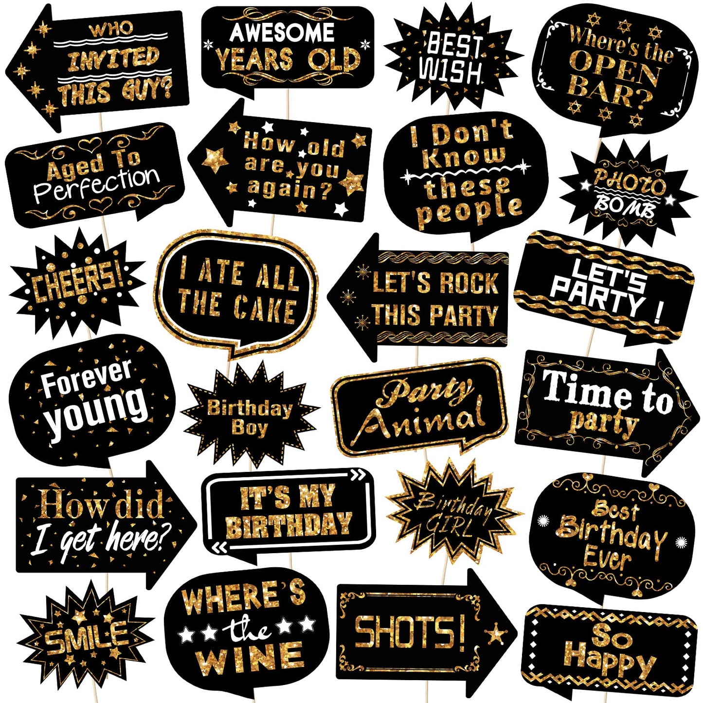 Outus 24 Pieces Photo Booth Props Birthday with Stick Happy Birthday Weddings Graduation Prom Bday Wedding New Year Party Supplies Funny Photo Booth Pose Signs Selfie for Men Women(White, Gold)