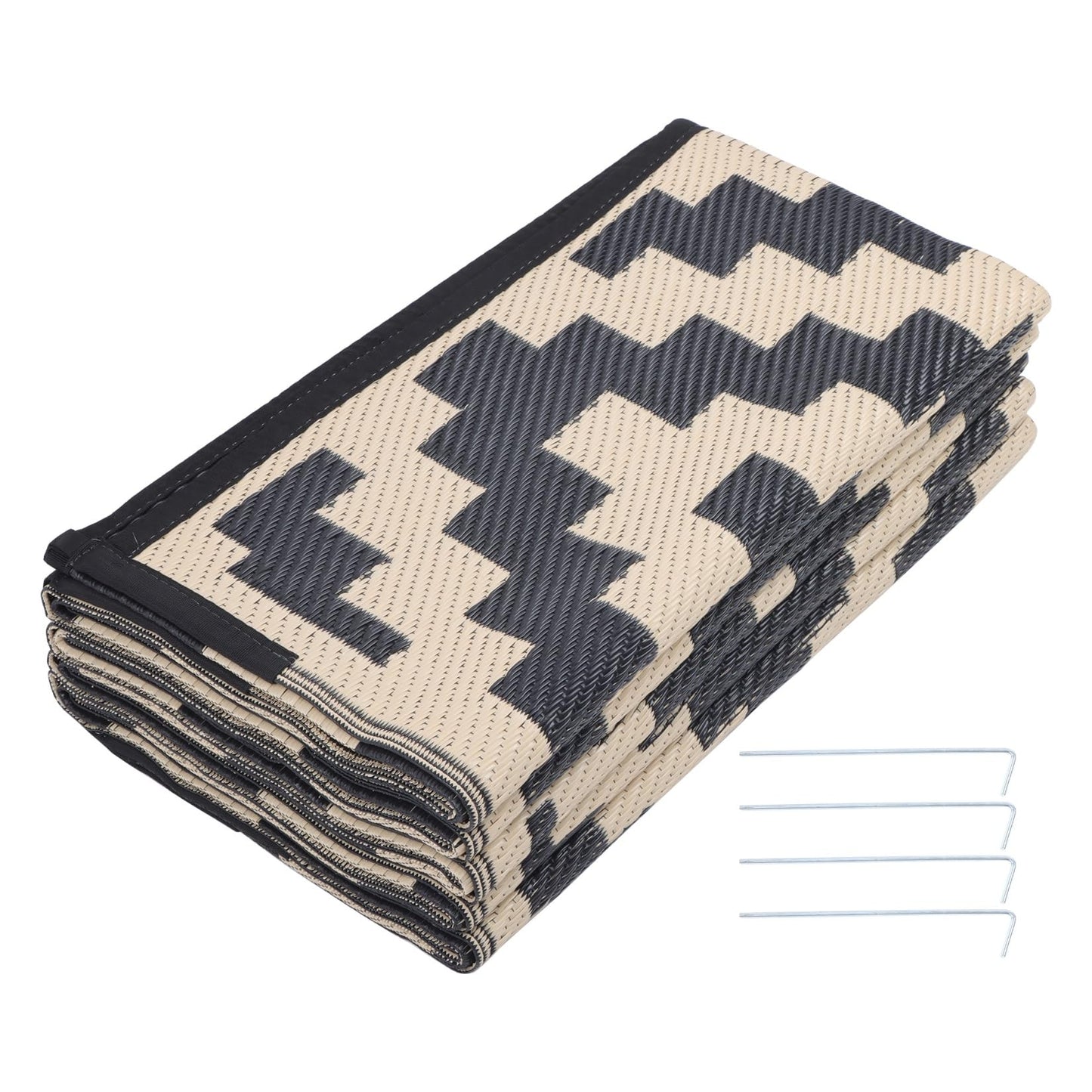 findmall 8x10FT Outdoor Carpet, Plastic Straw Camping Rug, Large Floor Mat and Rug for Outdoors, Modern Area Rug, for Backyard Deck Bench Picnic Campe, Black Beige
