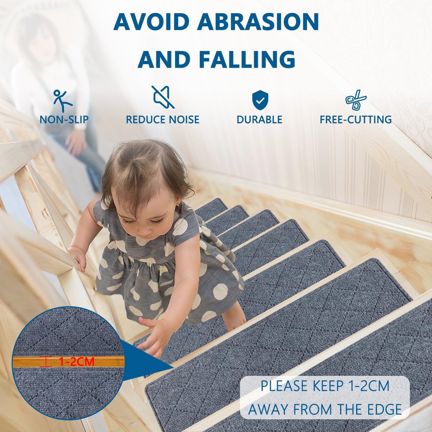 KOOTETA Stair Treads for Wooden Steps Indoor, 15 Pack 8" X 30" Non Slip Carpet Stair Treads with Reusable Adhesive for Kids Elders and Dogs, Surface Polyester TPR Backing Stair Runner Rugs, Dark Grey