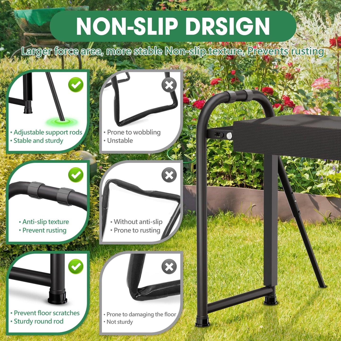 Onadak Heavy Duty Garden Kneeler & Seat with Support Legs, 400lbs Capacity Foldable Gardening Stool, Extra Thick Pad & Large Tool Organizer Bag, Ergonomic for Seniors - Dark Black