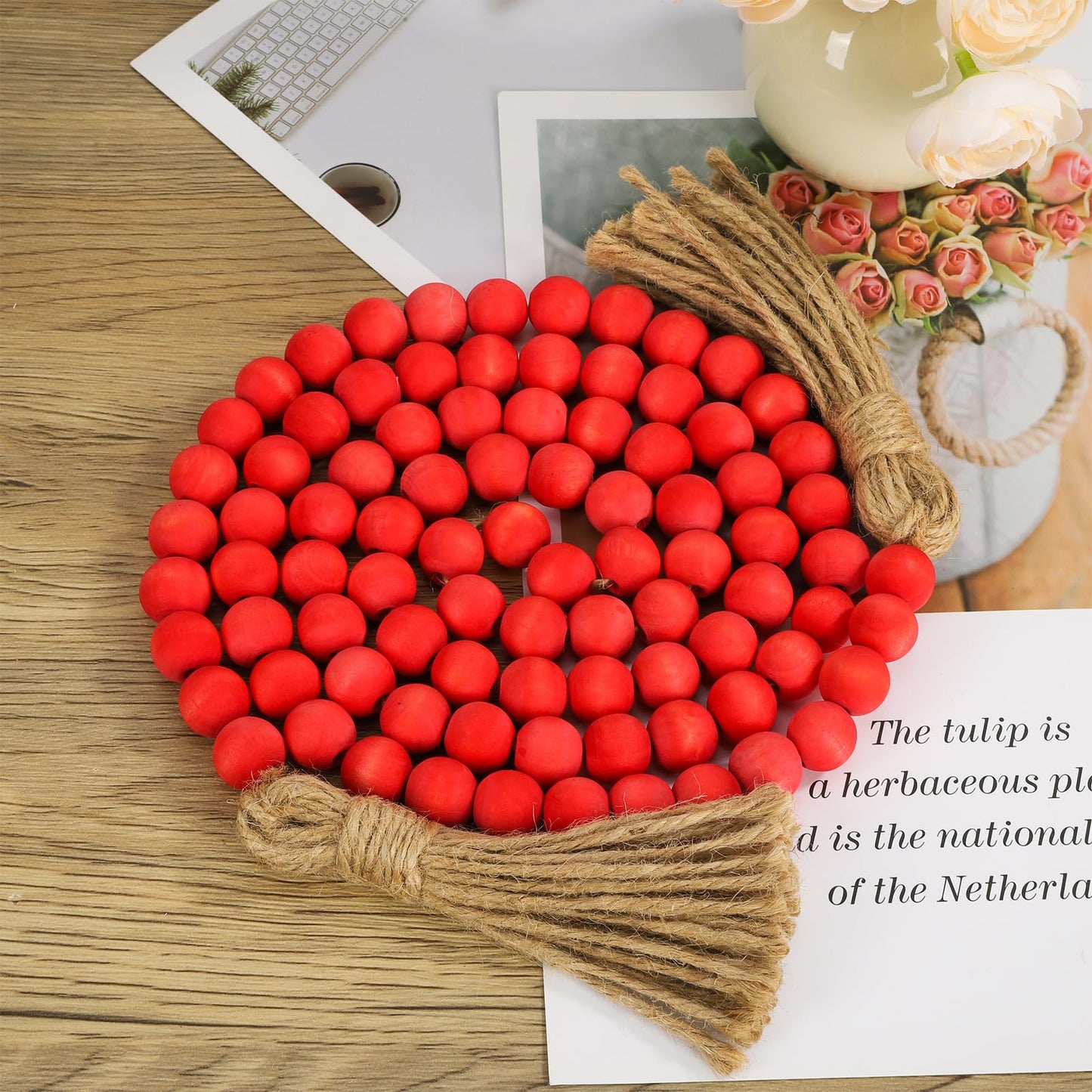 QIAHMNYE Wood Beads Garland with Tassel Rustic Country Decor Prayer Boho Wooden Beads String for Morden Wall Hanging Decor-Rose