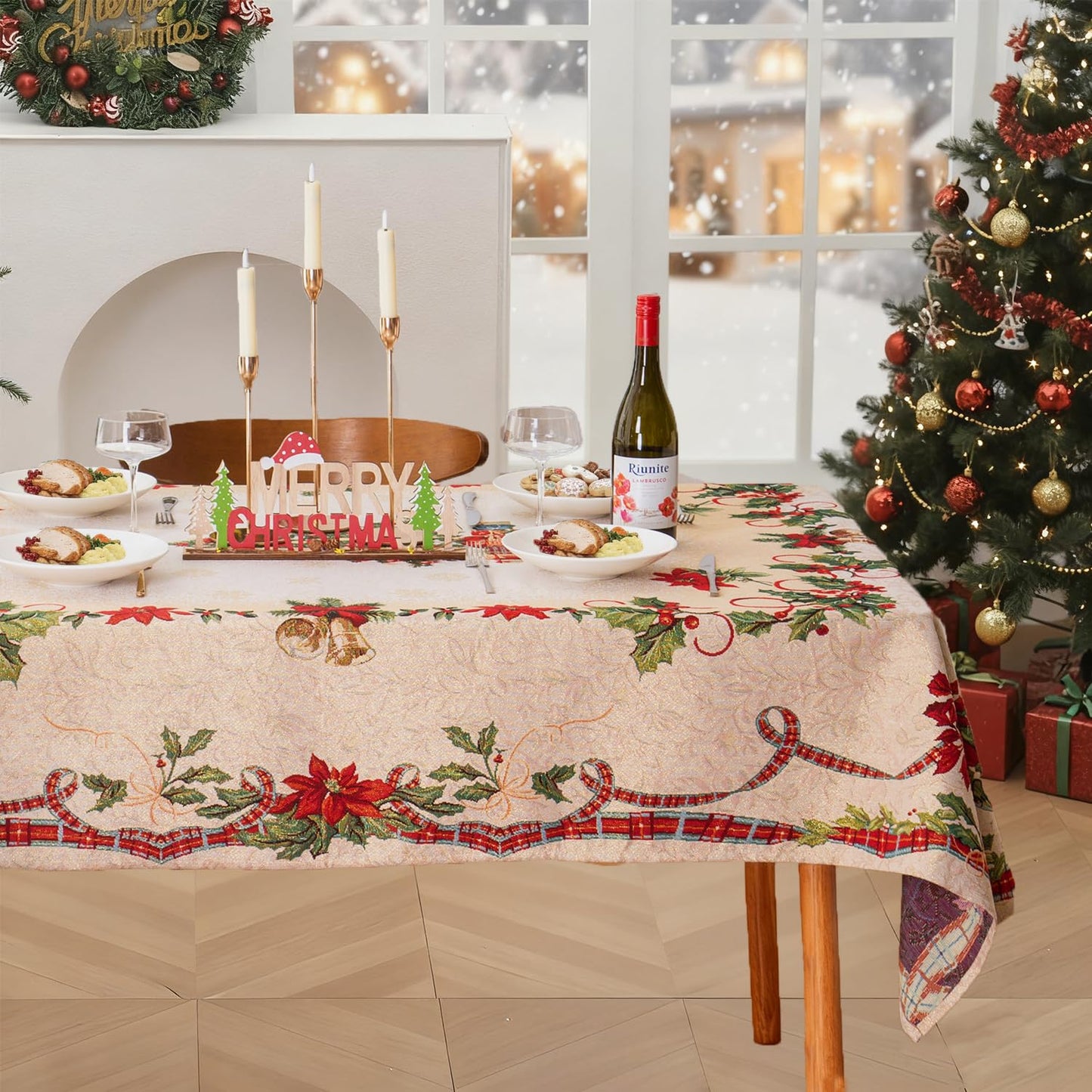Jessy Home Christmas Tablecloth Xmas Tree Table Cloth Rectangle 55"x82" Winter Table Cover Polyester Wrinkle Resistant Washable Christmas Decoration for Holiday Party Dinner Home