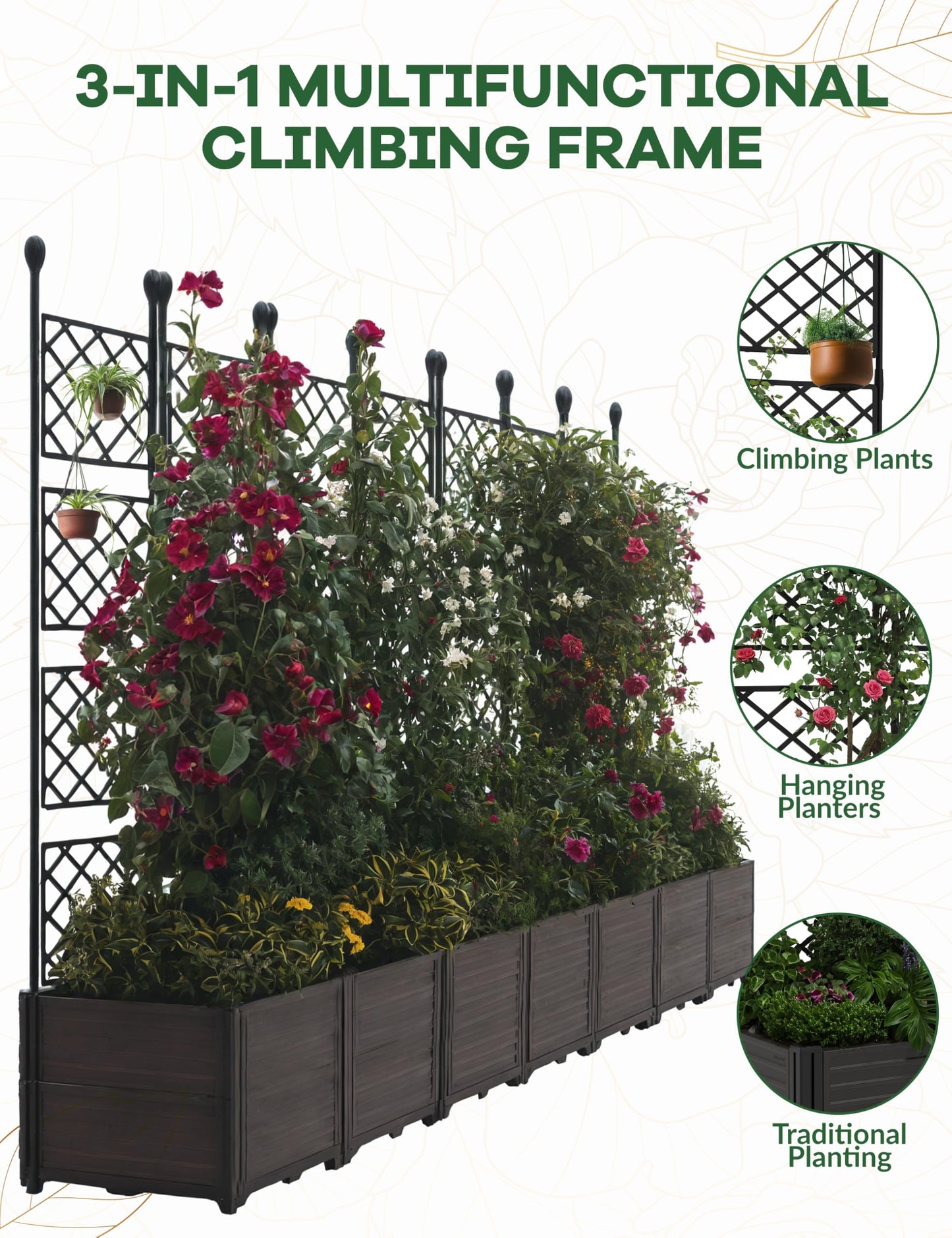 7 PCS Plastic Planter Box with Trellis - 5.25 FT Tall Raised Garden Bed, Lockable Wheels & Drainage for Patio, Balcony Tomatoes, Flowers, Herbs Weather-Resistant Resin Outdoor Decor