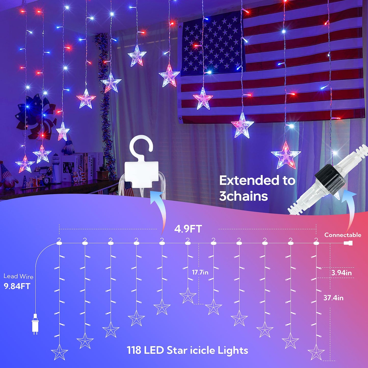 4th of July Patriotic Star Icicle Lights,red White and Blue Curtain String,11.5ft 118LED Waterproof 8 Modes with Timer Connectable Independence Day Decorations Window Lights for Outdoor Indoor
