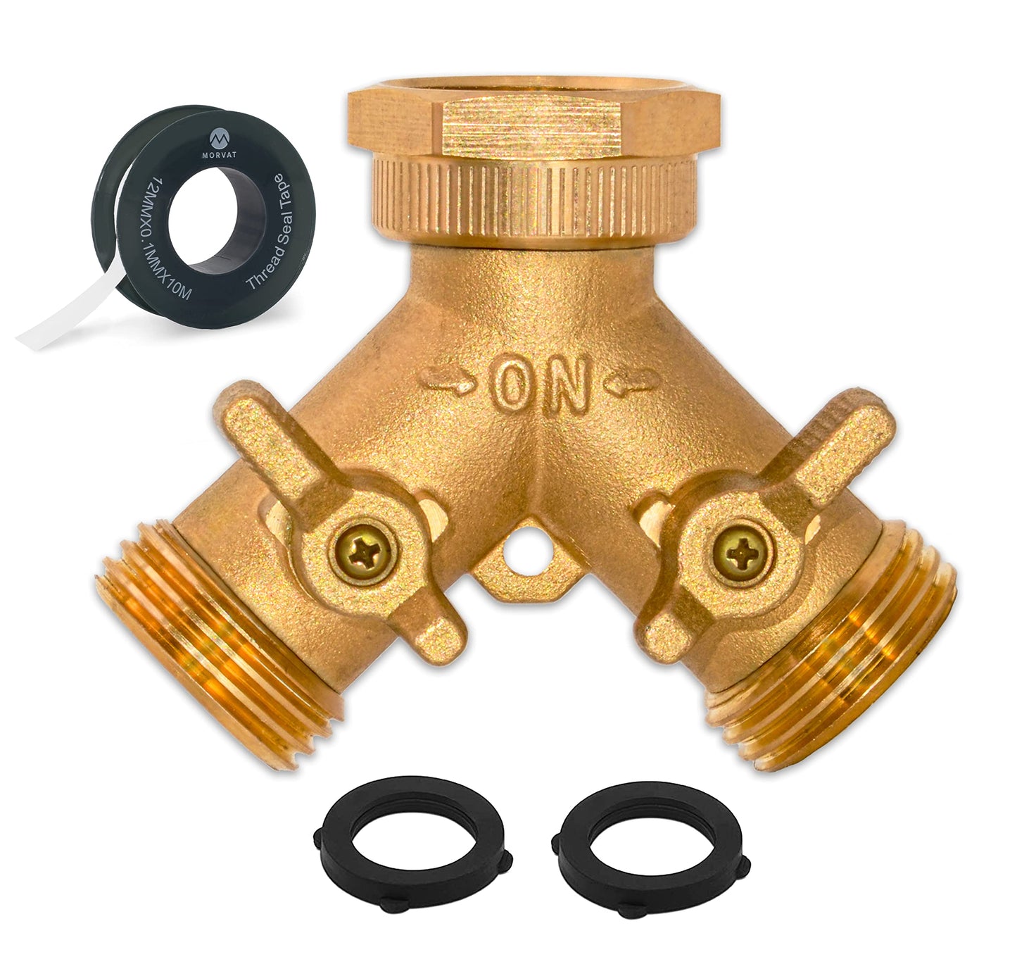 Morvat Brass 2-Way Y Splitter LEAD-FREE, Heavy-Duty Garden Hose Manifold Connector with Improved Comfort Grip ON/OFF Valves, Adapter for Water Faucet & Spigot, Extra 3 Washers, Teflon Tape (1-Pack)
