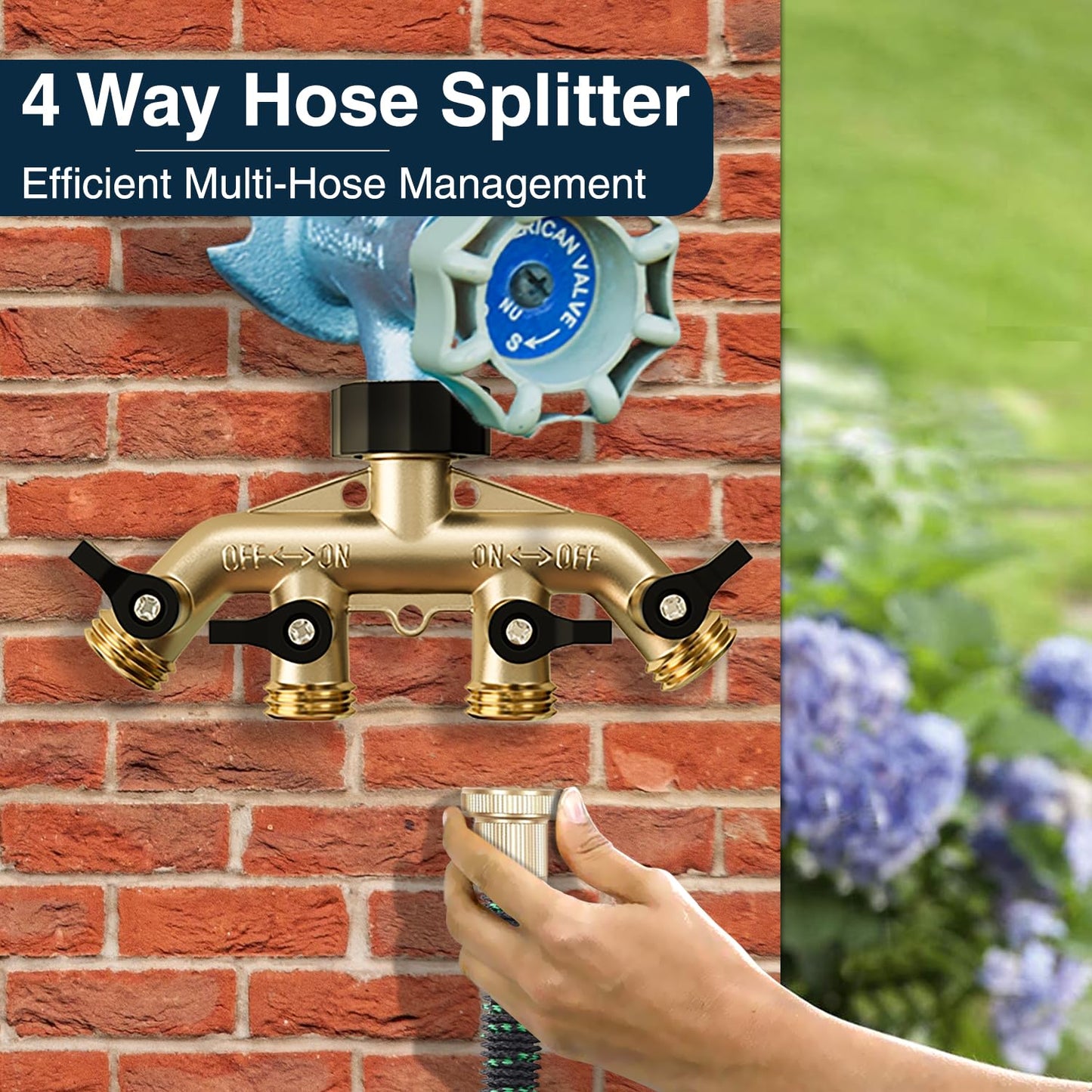 DBR Tech® Heavy Duty 4 Way Hose Splitter (Premium Brass for Superior Durability), Wye Garden Hoses Connector for Water Spigot Faucet Bib Tap, Y Adapter, Rust-Resistant Finish