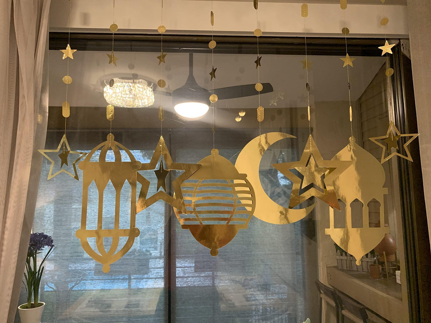 Cheerland Ramadan Decorations Gold Star Moon Lantern Garland Pre-Assembled Shining Hanging Ramadan Mubarak Eid Decorations Banner Streamer for Eid Mubarak Decor Home Party Supplies 16 Pcs