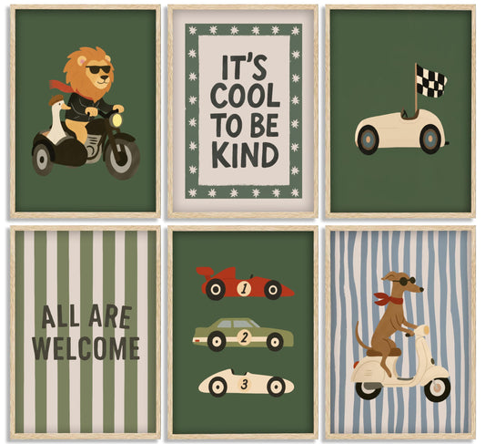 6Pcs Baby Nursery Wall Art Vintage Cartoon Animal Car Lion Painting Picture Wall Decor Kids Transport Lnspirational Quotes Posters Sage Green Print Artwork For Boys and Girls Room Playroom, Unframed