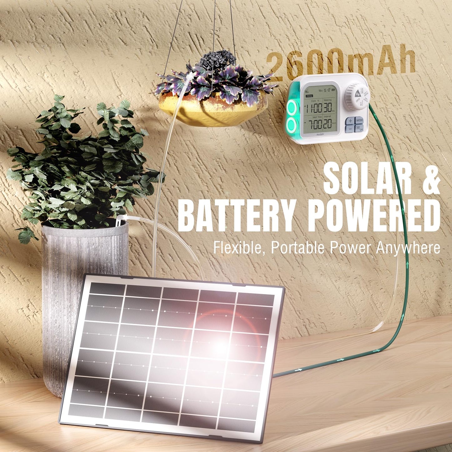 Raddy WS-74 Solar Drip Irrigation System with Smart APP Control, IPX7 Waterproof, Adjustable Soil Moisture Sensor, 2600mAh Battery, Automatic Watering Kits for Indoor Outdoor 15 Potted Plants