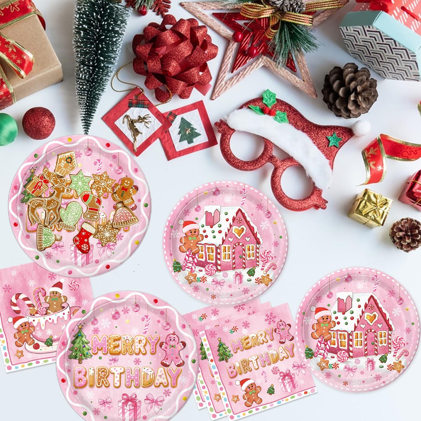 Oigco 120 Pcs Gingerbread Christmas Birthday Party Decorations, Includes Plates, Napkins, Cups, Cutlery for Gingerbread Christmas Party Decorations, Serves 20
