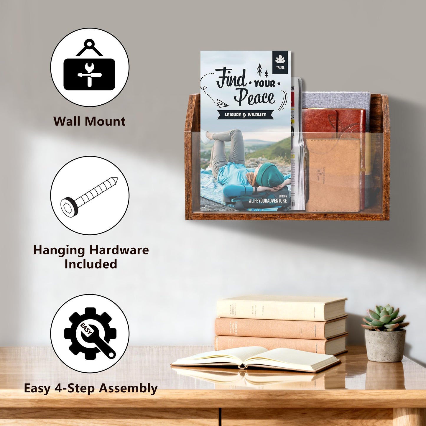 Waratah Designs Wall Magazine Holder – Wooden Wall Mounted Magazine Rack, Clear Acrylic Panel – Magazine, Book, Home Office File Organizer – Vinyl Record Holder – Rustic Brown