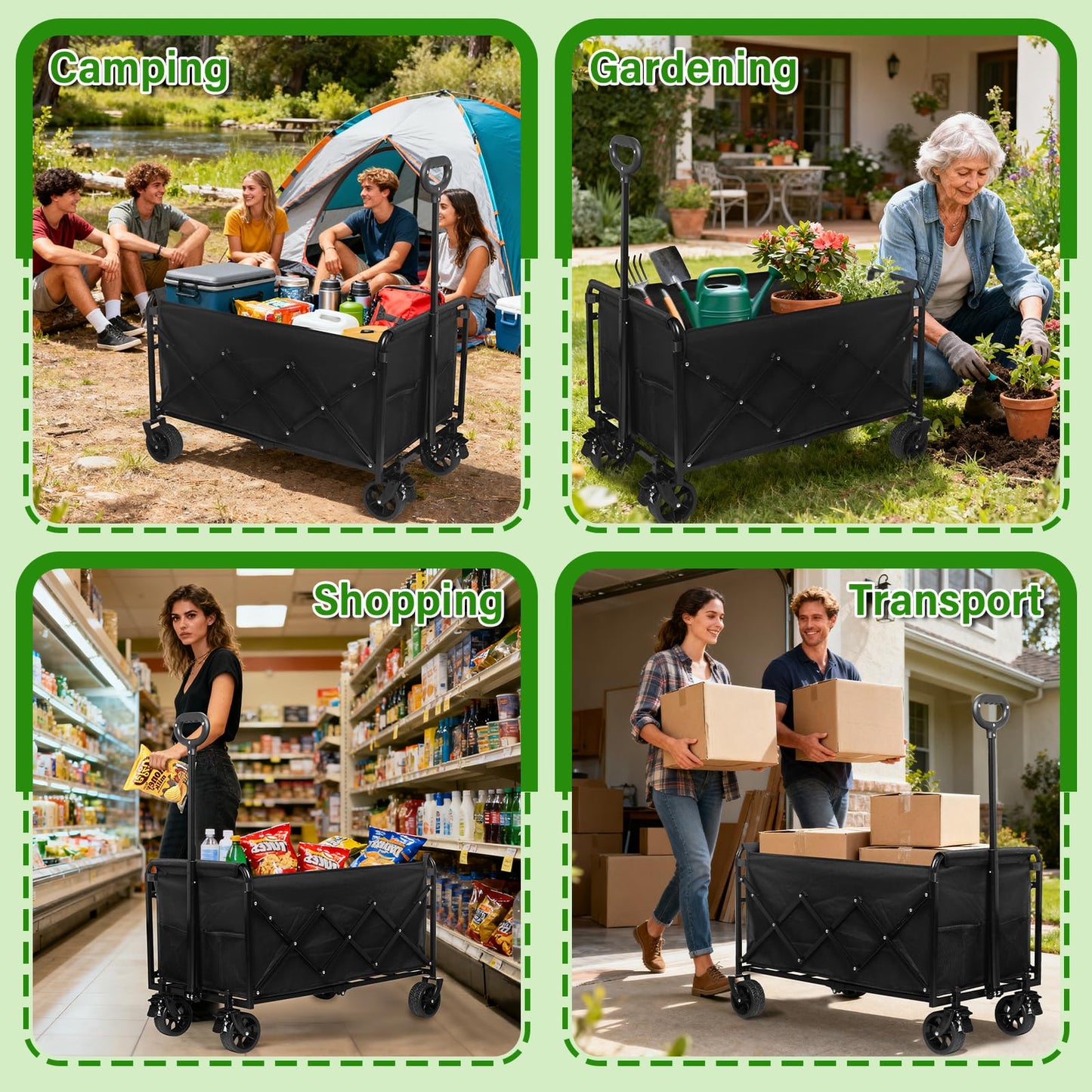 Wagon Cart Foldable,500Lbs Collapsible Wagon Cart with Wheels Portable, All Terrain Outdoor Utility Carts for Groceries, Camping, Sports, Garden, Shopping, Black