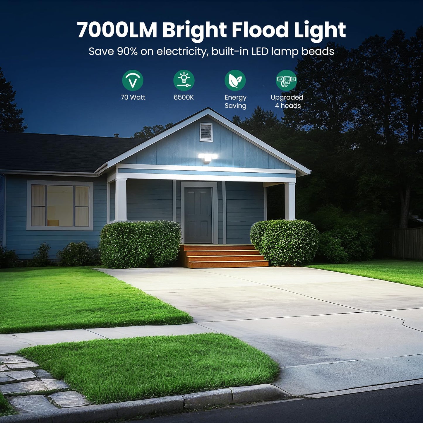 omibee 70W 7000LM LED Flood Lights Outdoor, Switch Controlled Security Lights with 4 Heads, Adjustable Heads, 6500K Daylight IP65 Waterproof Outside Wall Light for Backyard, Yard, Garage, Patio