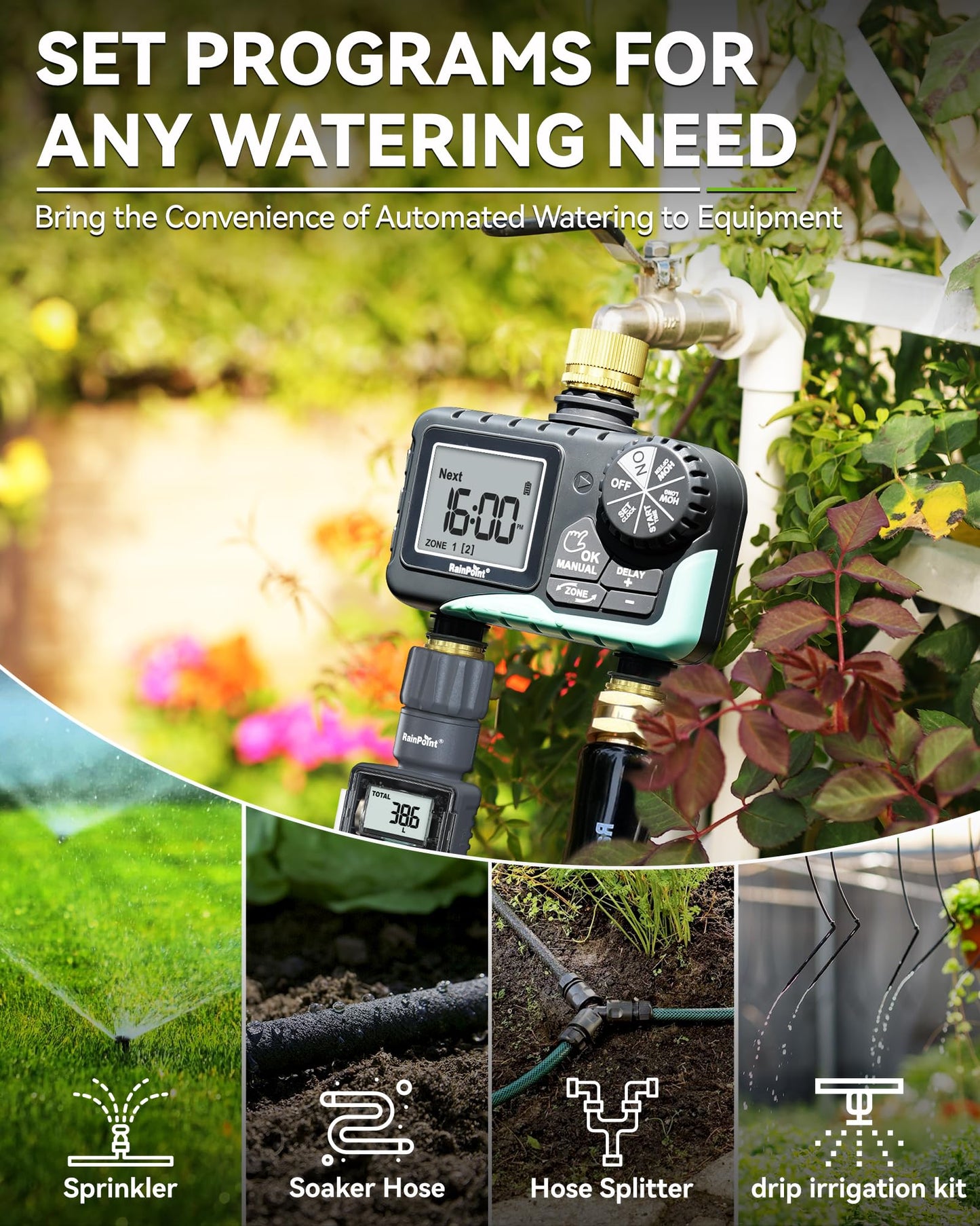 RAINPOINT 2 Zone Sprinkler Timer with Brass Inlet and Outlet - Water Timer for Garden Hose with Rain Delay/Manual Watering/Automatic Irrigation Controller System for Yard Lawn Garden(Blue)