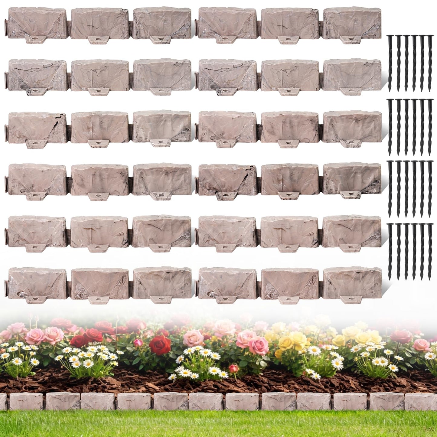 Landscape Edging Faux Stone Garden Edging Border,17FT x 2.75 in Tall Decorative Stone-Look Garden Border for Flower Bed Edging,Lawn,Landscaped Yard,Trees and Gardens,with Anchoring Spikes,Brown