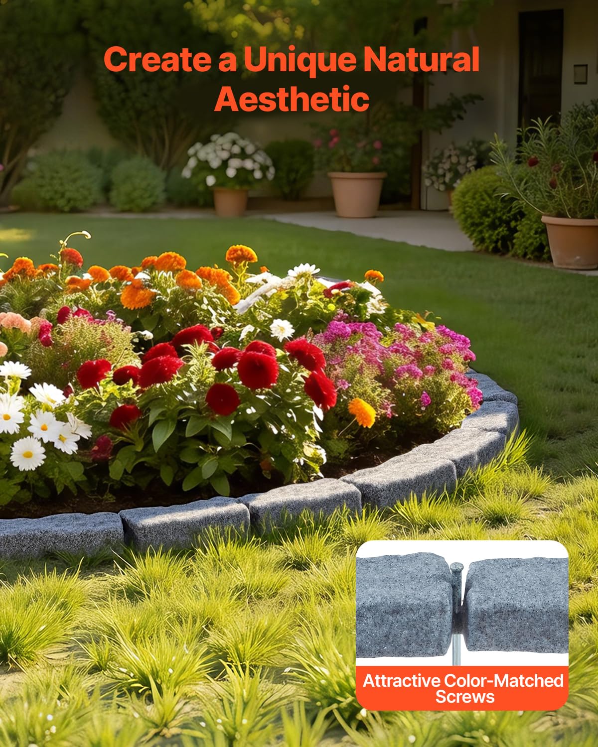 VEVOR Faux Stone Landscape Edging, No Dig Garden Edging Border, Flexible Blocks for Lawn Edging, Flower Beds, Driveway, Yards with 12 Spikes, 4 Pack 24 Bricks 16FT Kit, 46.5" Lx 3.7" W x 2.2" H, Grey