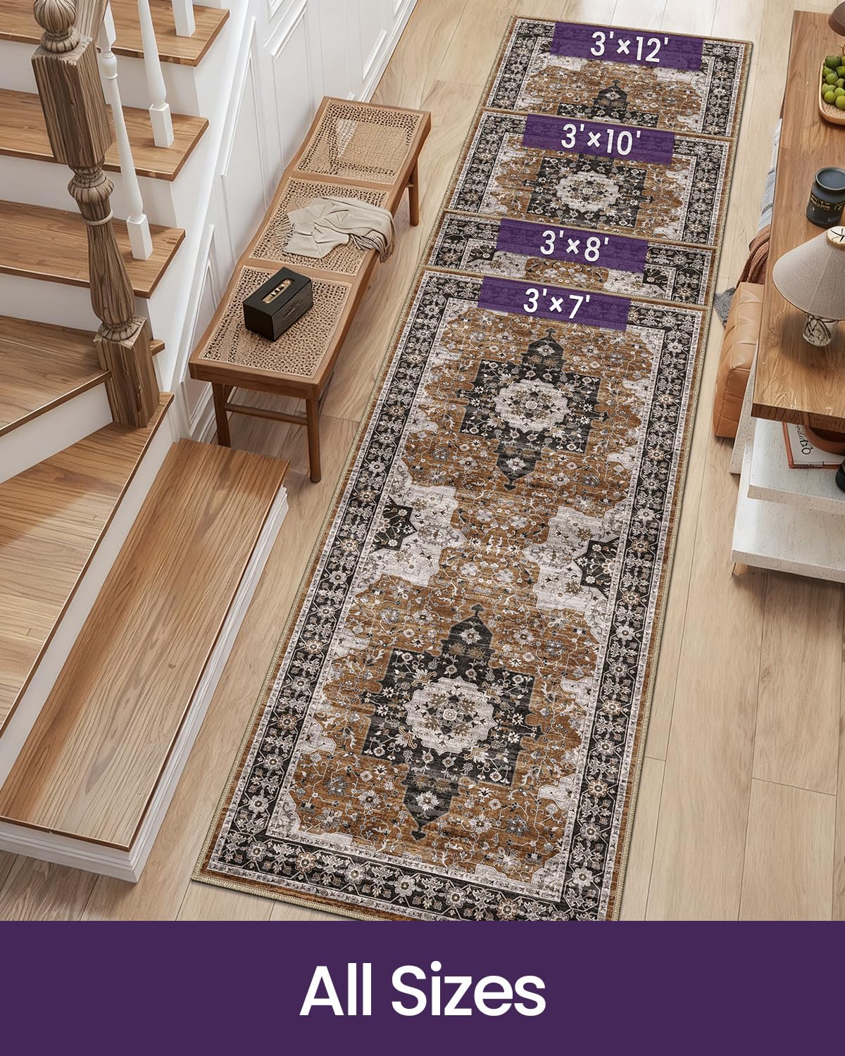 DEXI Hallway Washable Runner Rug 3x7, Vintage Farmhouse Thin Kitchen Runner with Non Slip Backing, Soft Entryway Floor Rug, Stain Resistant Distressed Carpet for Bedroom Living Room, Brown