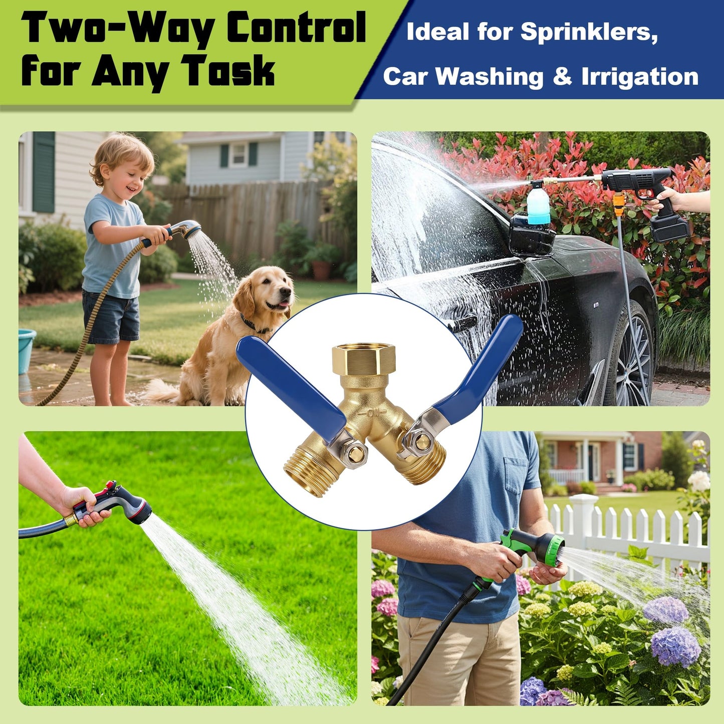 Triumpeek 2-Way Garden Hose Splitter, Solid Brass Y Connector with 3.6-Inch Ergonomic Handles, Full Flow 3/4" GHT Thread for Outdoor Faucet, Sprinkler & Irrigation