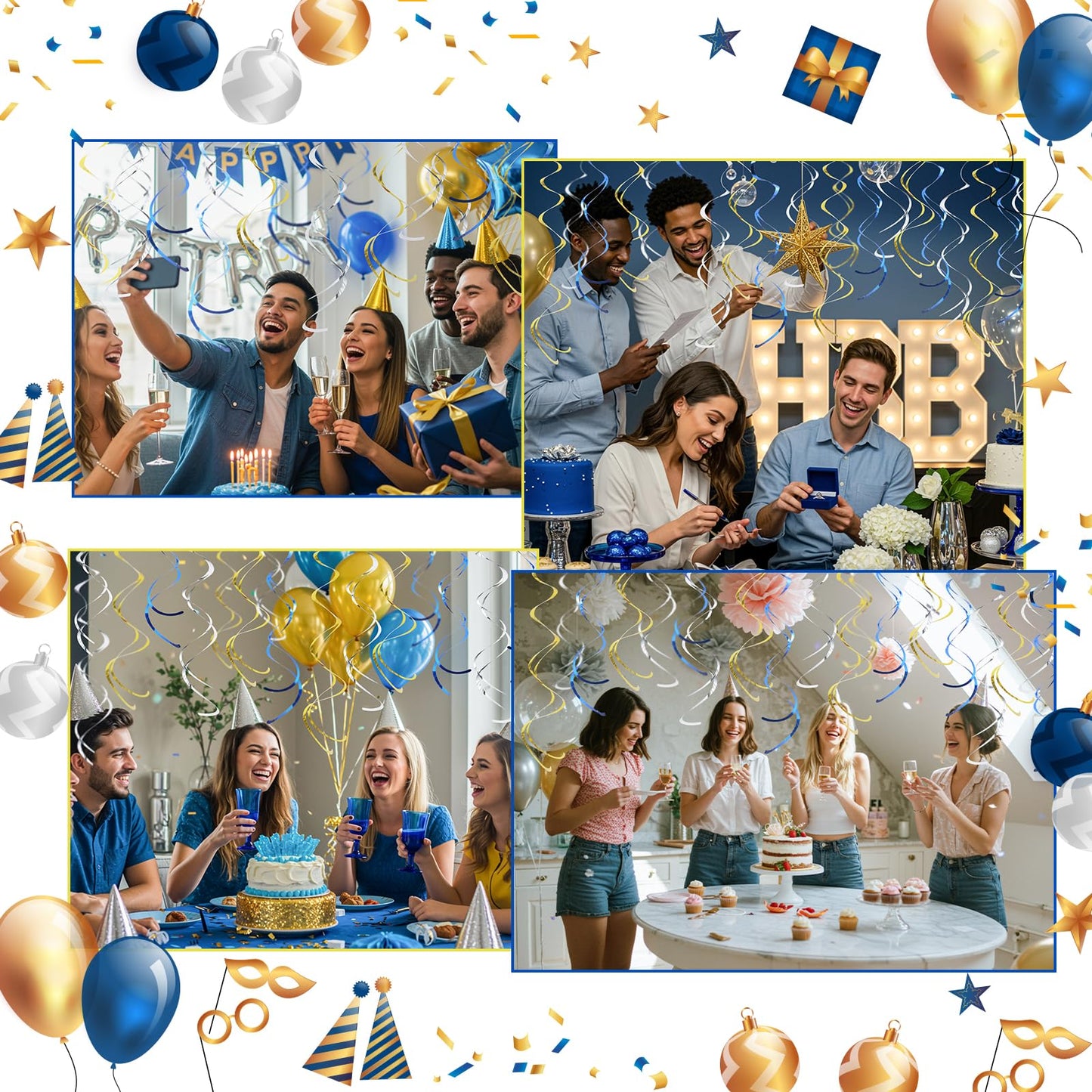 36Pcs Hanging Swirl Party Decorations Foil Decorations Ceiling Swirl Spiral Hanging Plastic Streamer for Ceiling Birthday Graduation Wedding Celebration Baby Shower Party Supply (Blue Gold Silver)