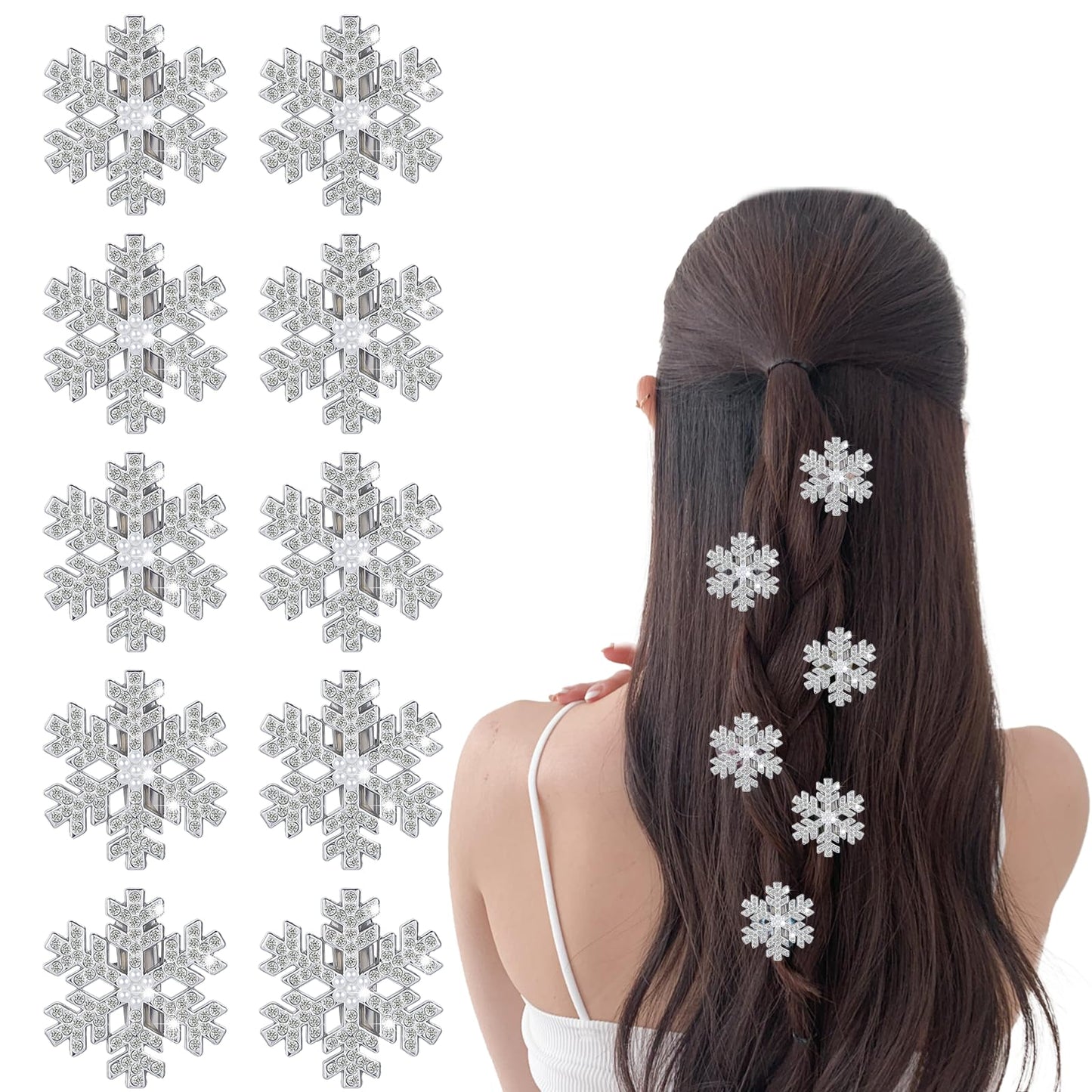 10 Pcs Snowflake Christmas Hair Clips, Bling Rhinestone Hairpins Glitter Fancy Christmas Hair Pins Barrettes Snowflake Decorations for Women Girls Bridal Party Wedding Everyday Gifts (Sliver)