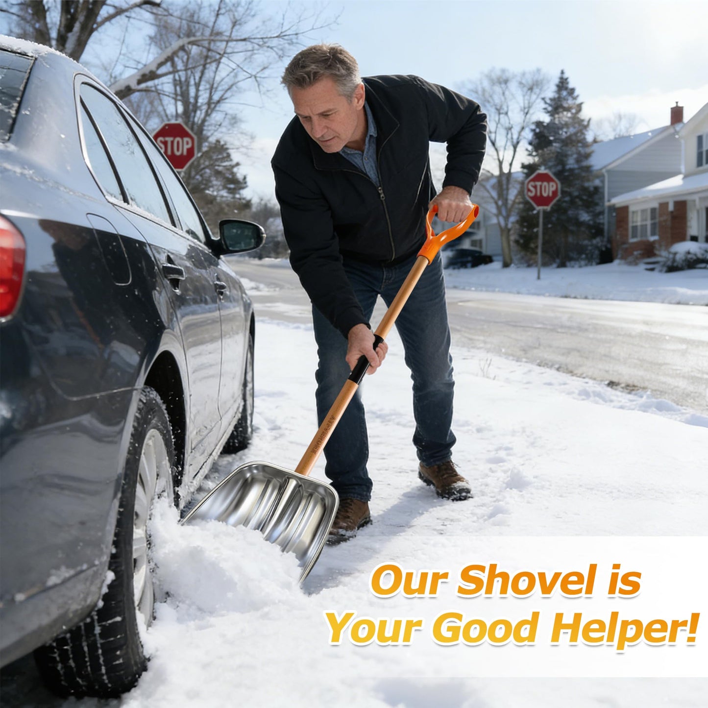 ATFVERDEX Scoop Shovel,Snow Shovel for Driveway with Non-Slip Wooden Handle and D-Shaped Grip,Quickly Clear the Snow from the Driveway and Yard