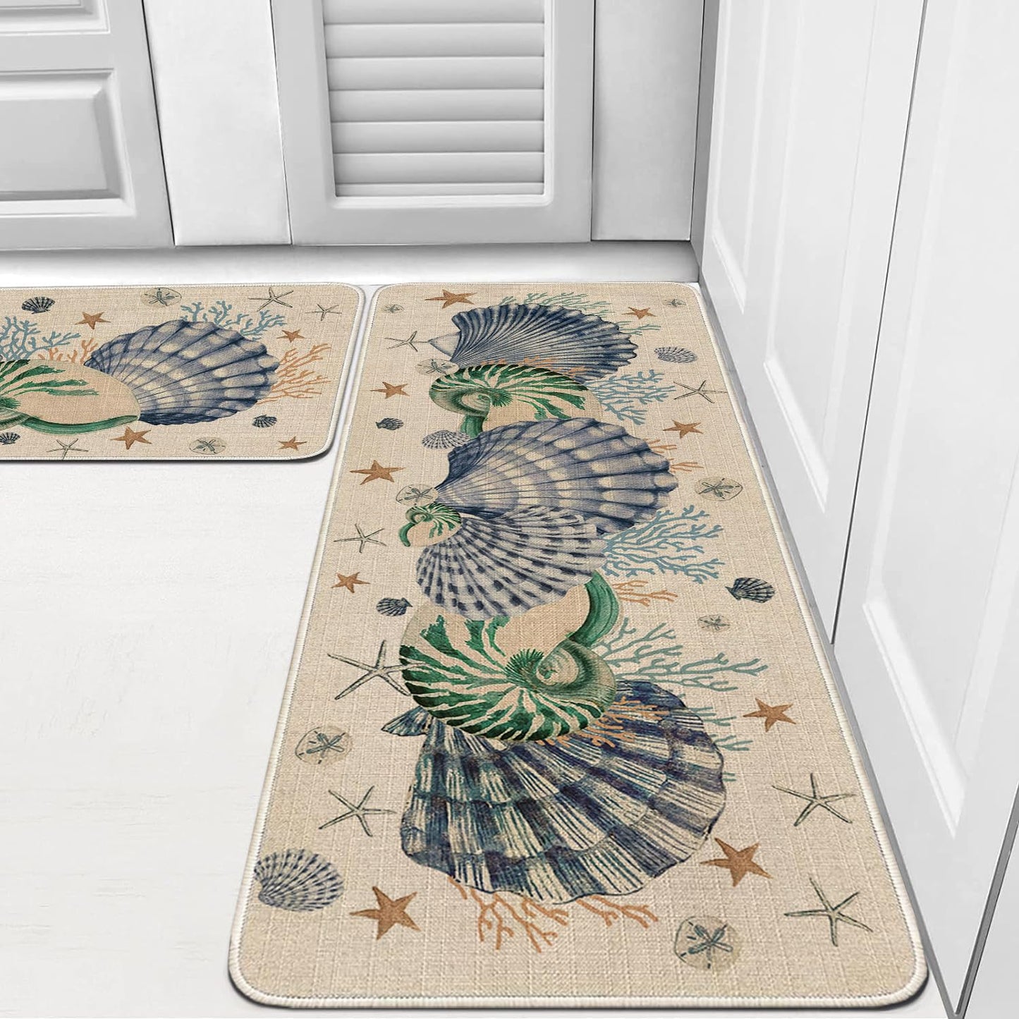 Faptoena Shells Coral Whelks Starfish Kitchen Rugs Set of 2,Ocean Theme Kitchen Mats for Floor,Summer Beach Sink Mats Home Decor Doormat+Runner Rug