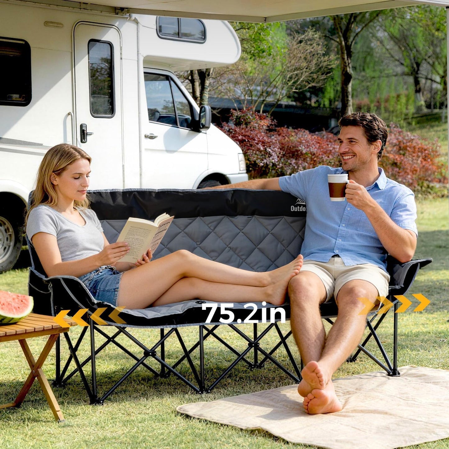 3 Person Camping Chair Oversized Padded Loveseat Camping Chairs Heavy Duty Folding Outdoor Couch with Cup Holder & Phone Side Pocket Extra Wide Outdoor Loveseat for Camping, Tailgating, Lawn Black