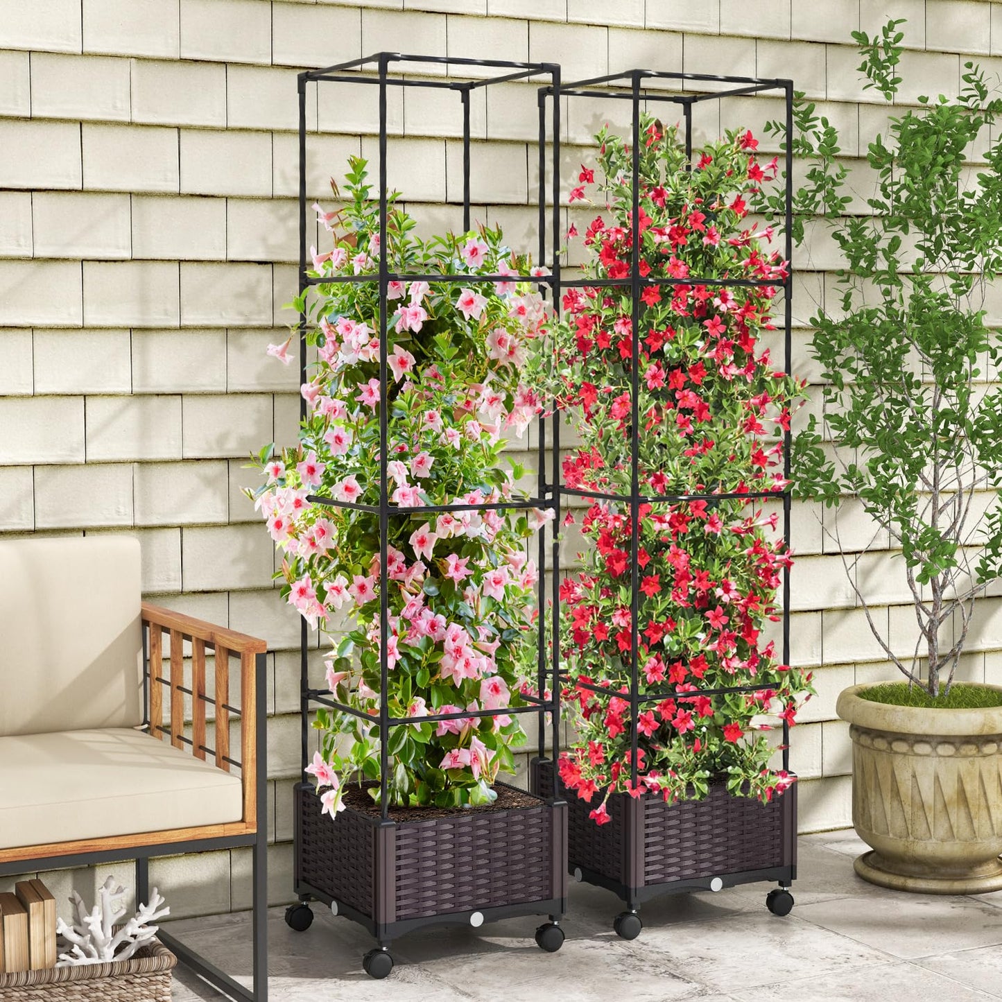 Giantex Raised Garden Bed with Tomato Cages, 67” Adjustable Height, Self Watering Planter Garden Box with Wheels, Trellis for Climbing Plants Vegetable Flower