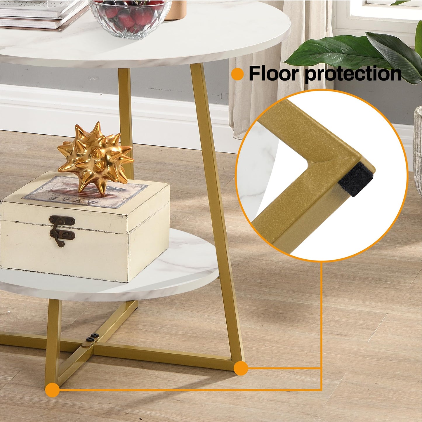 D&H FURNIMMT 20" Living Room Side Table for Small Spaces, 2 Tier Wood Top Round End Tables with Storage Shelf, Accent Sofa Table for Bedroom, Office, Sunroom, Balcony, White Faux Marble/Gold