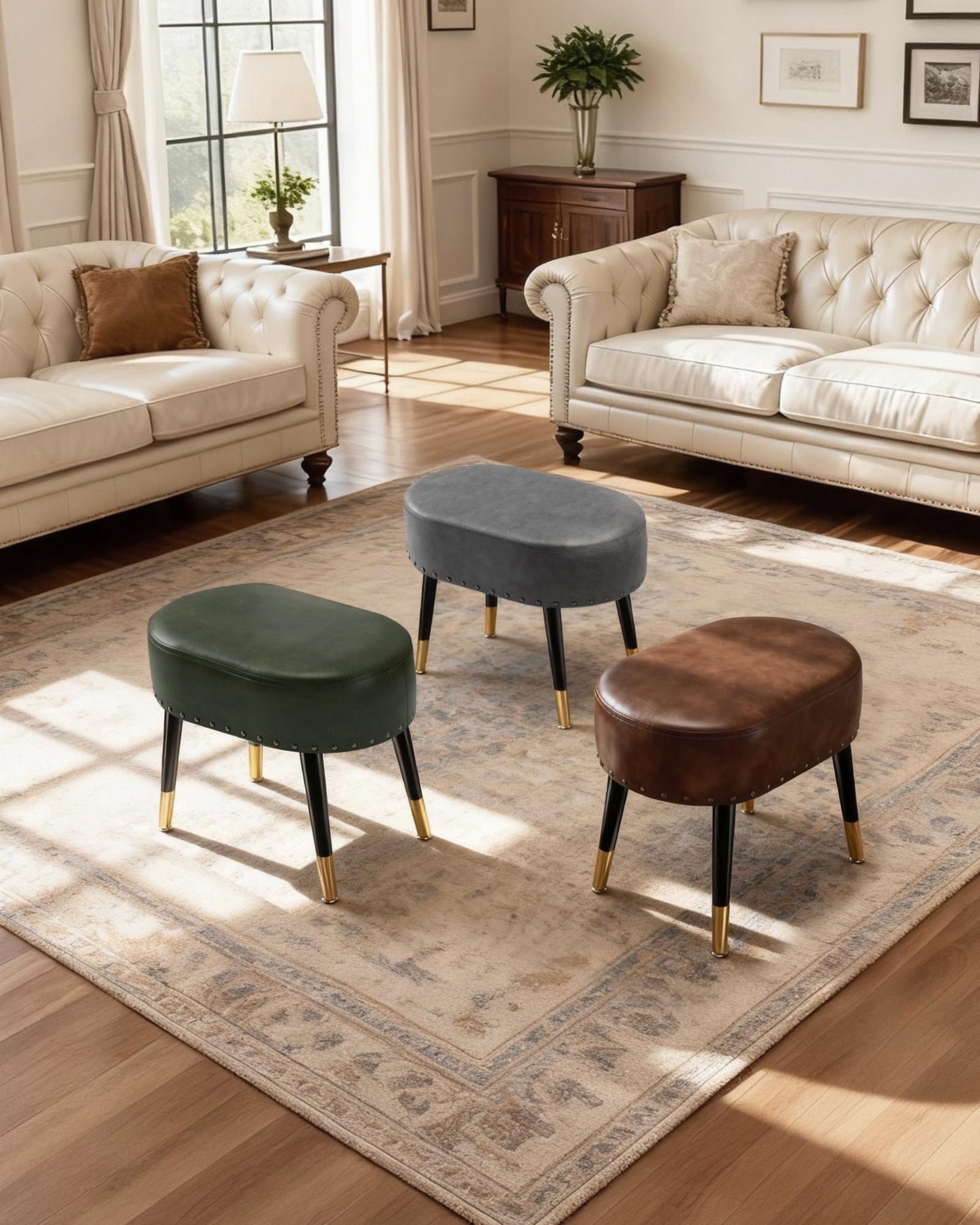 LITZFUR Vanity Stool Chair for Makeup, Pu Leather Oval Footrest, Vintage Rivet Ottoman Bench with Metal Legs, Dressing Stool for Batheroom, Living Room, Entryway, Green