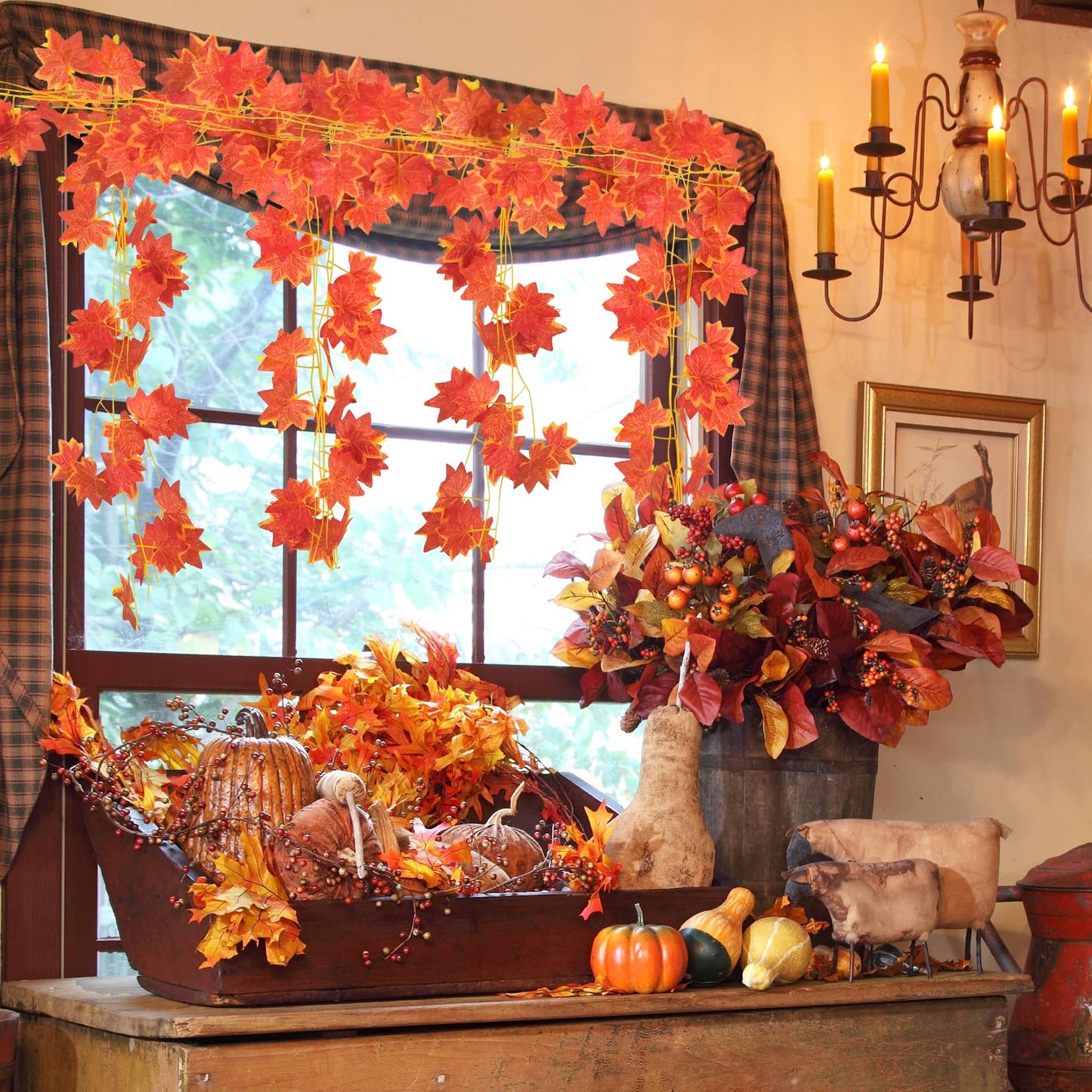 12 Pack 7.9 ft Artificial Maple Leaf Garland, 30 Leaves per Garland, Autumn Leaf Foliage Fall Decorations for Home, Garden, Room, Fireplace, Porch, Thanksgiving, Wedding, Indoor Outdoor Decor