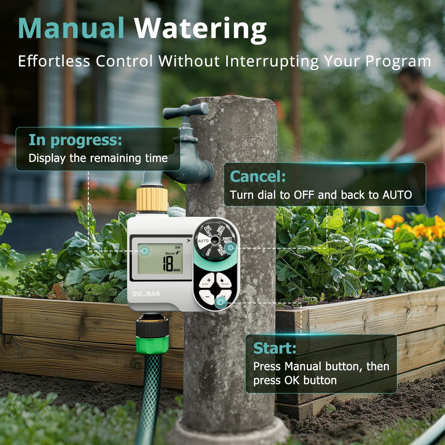 QUOBAS Brass Sprinkler Timer, Programmable Water Hose Timer for Garden Hose Faucet with Waterproof HD Screen, Rain Delay/Manual/Automatic Irrigation Watering System for Garden, Lawn, Yard