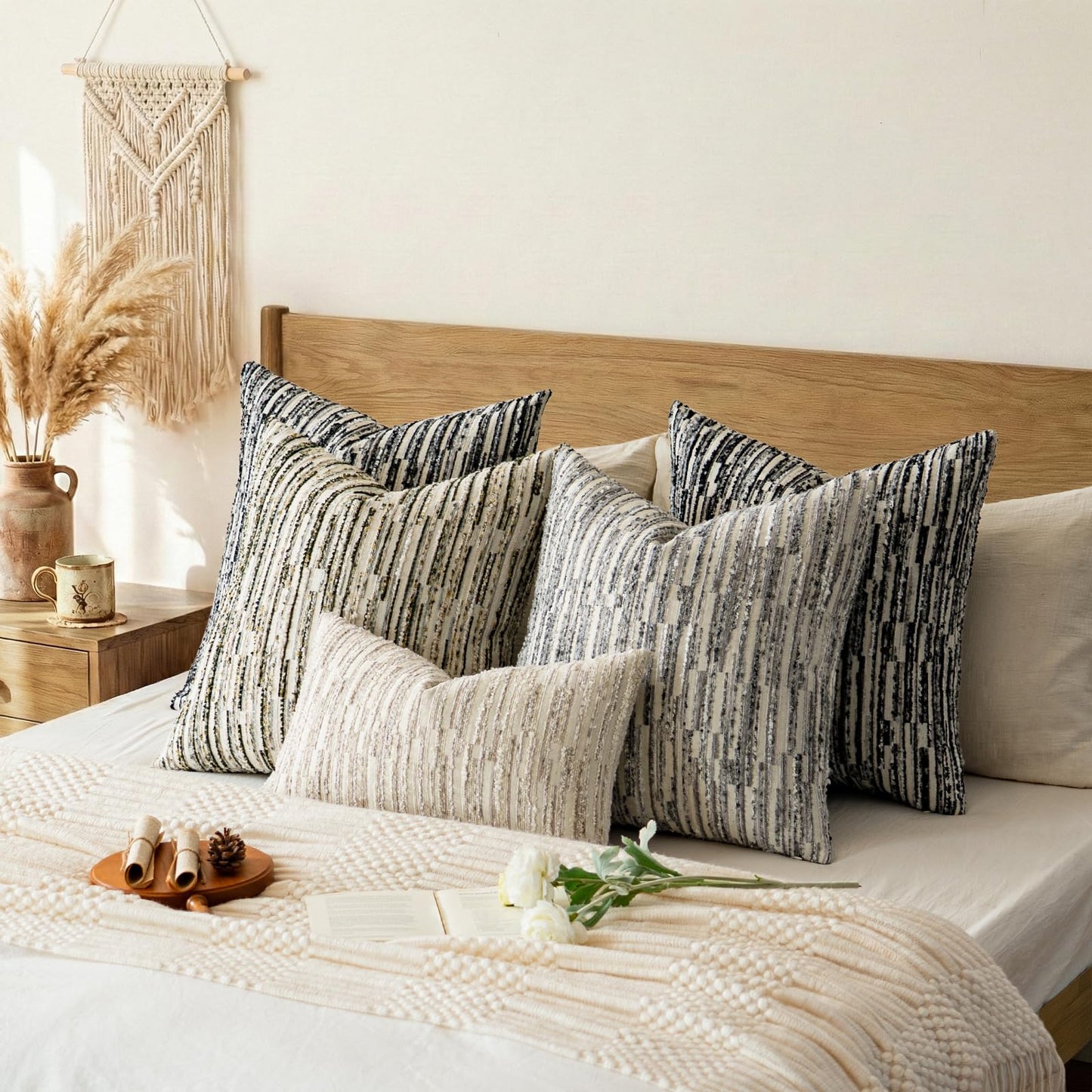 a moment Boho Throw Pillow Covers Set of 2,Striped Decorative Rustic Farmhouse Pillow Cases,Aesthetic Modern Home Decor Couch Cushion Covers for Bed Sofa Living Room 20"X20" Moss Green