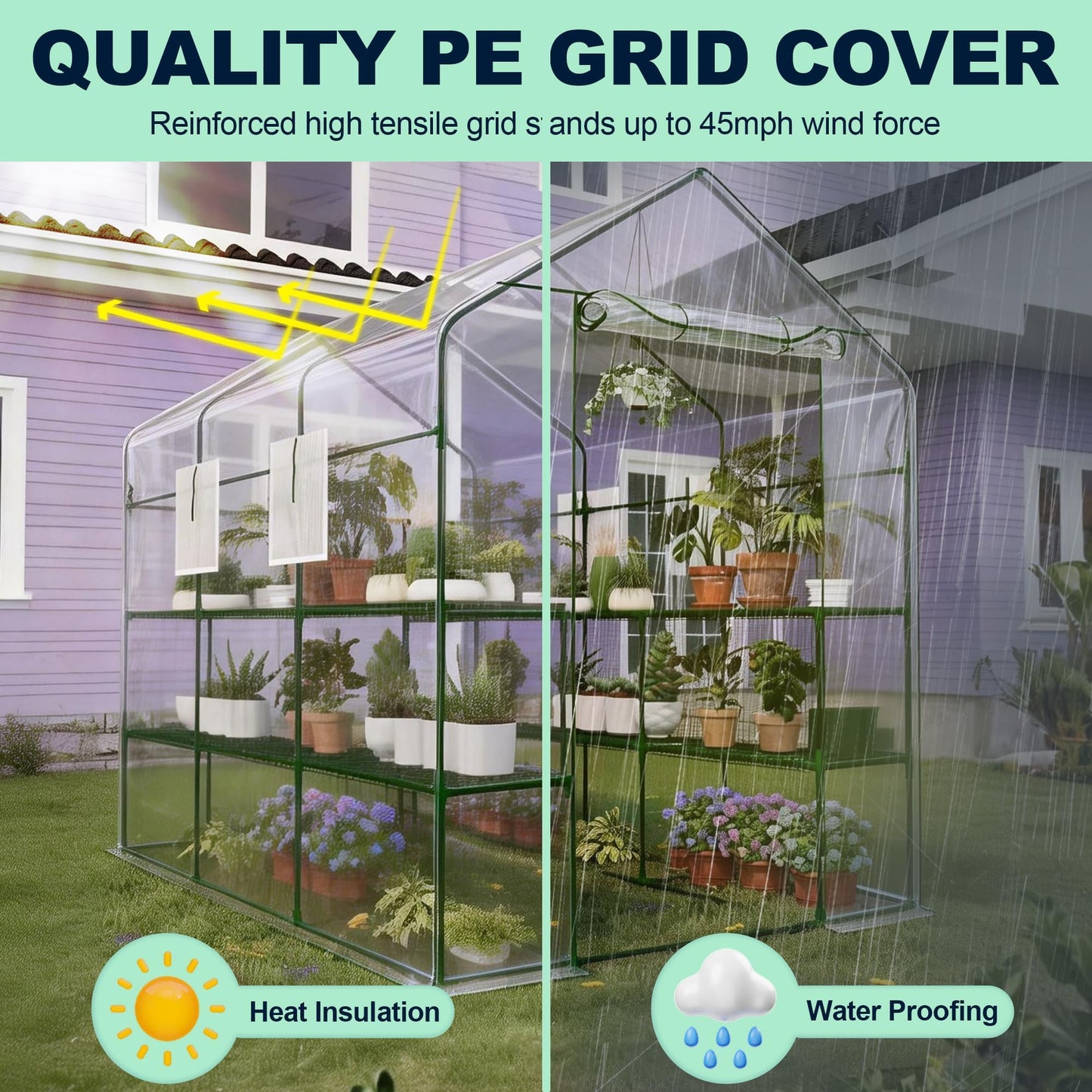 Portable Walk-in Greenhouse for Outdoors, 57 x 85 x 77 Inch Heavy Duty 3-Tier 18-Shelf Greenhouse with Thick PE Cover, Mesh Door & Screen Windows for Plants, Flowers, Seedlings, Herbs & Vegetables