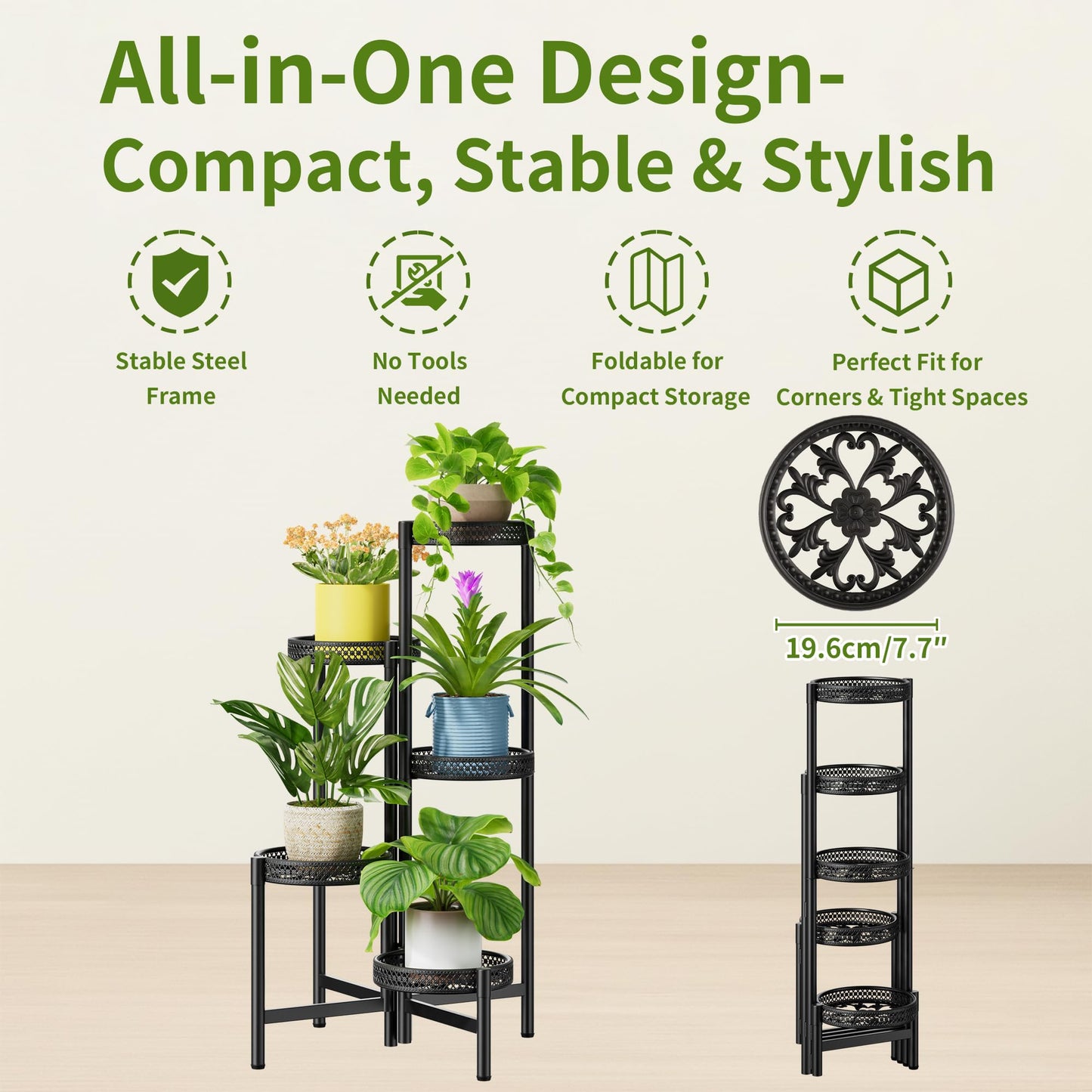 NQW Plant Stand Indoor Outdoor, 5 Tier Corner Metal Flower Display Holder Shelf, Folding Tall Rack for Patio Balcony Porch Garden Living Room House, Heavy Duty Wrought Iron Plant Shelf- BlackWave