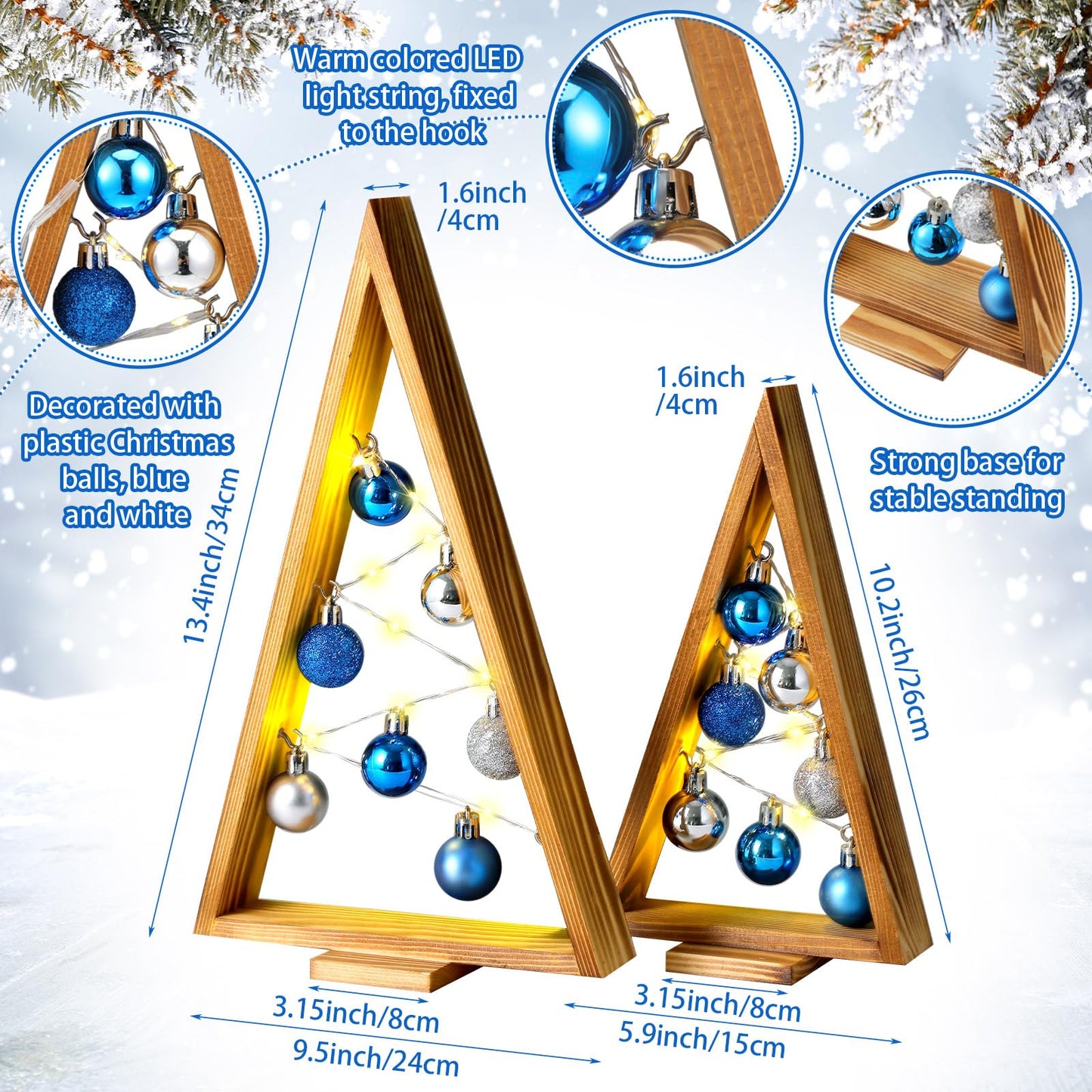 Hungdao 2 Pack Wooden Christmas Tree with Lights and Balls Modern Farmhouse Christmas Table Centerpiece Tabletop Decor for Winter Fireplace Mantle Shelf Home Decor(Blue, Silver)