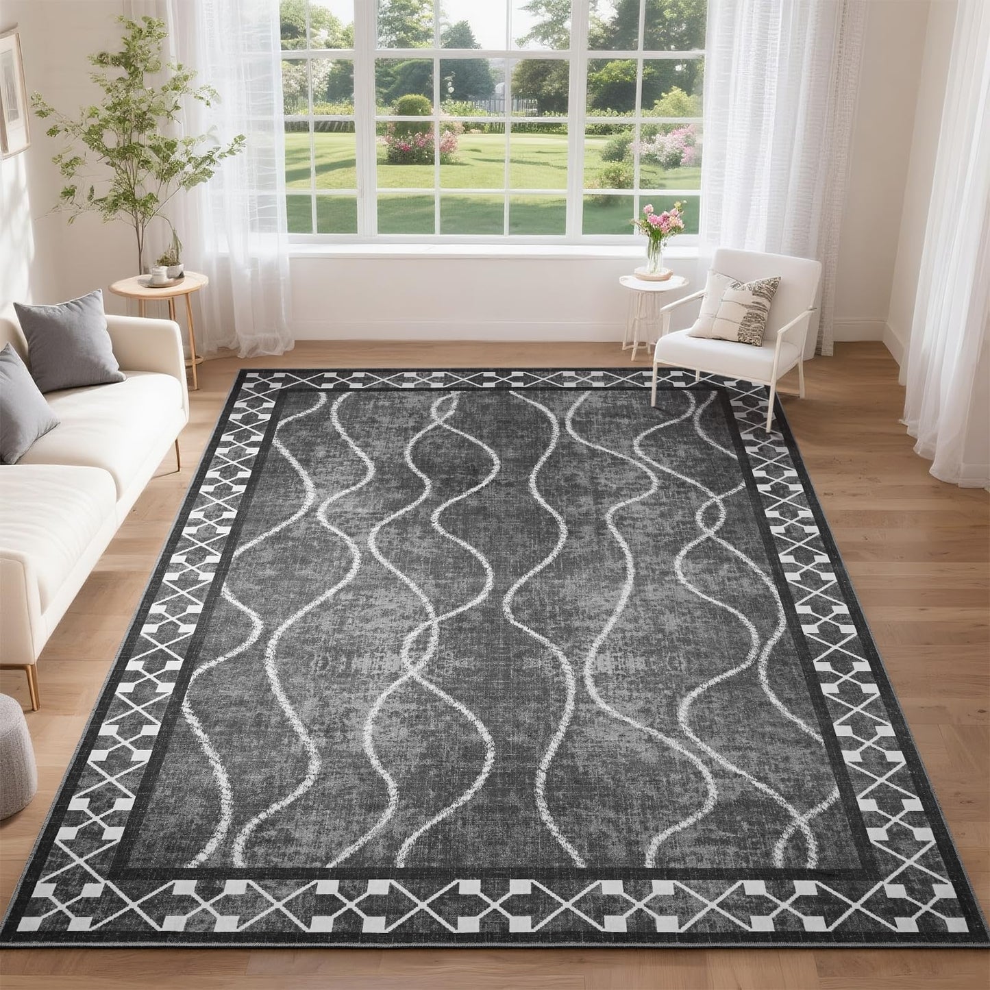 DweIke 4x6 Area Rugs for Living Room, Machine Washable Bordered Rug for Bedroom, Luxury Rubber Backing (Non-Slip) Low Pile Throw Carpet for Dining Room Kitchen Home Decor, Black Grey