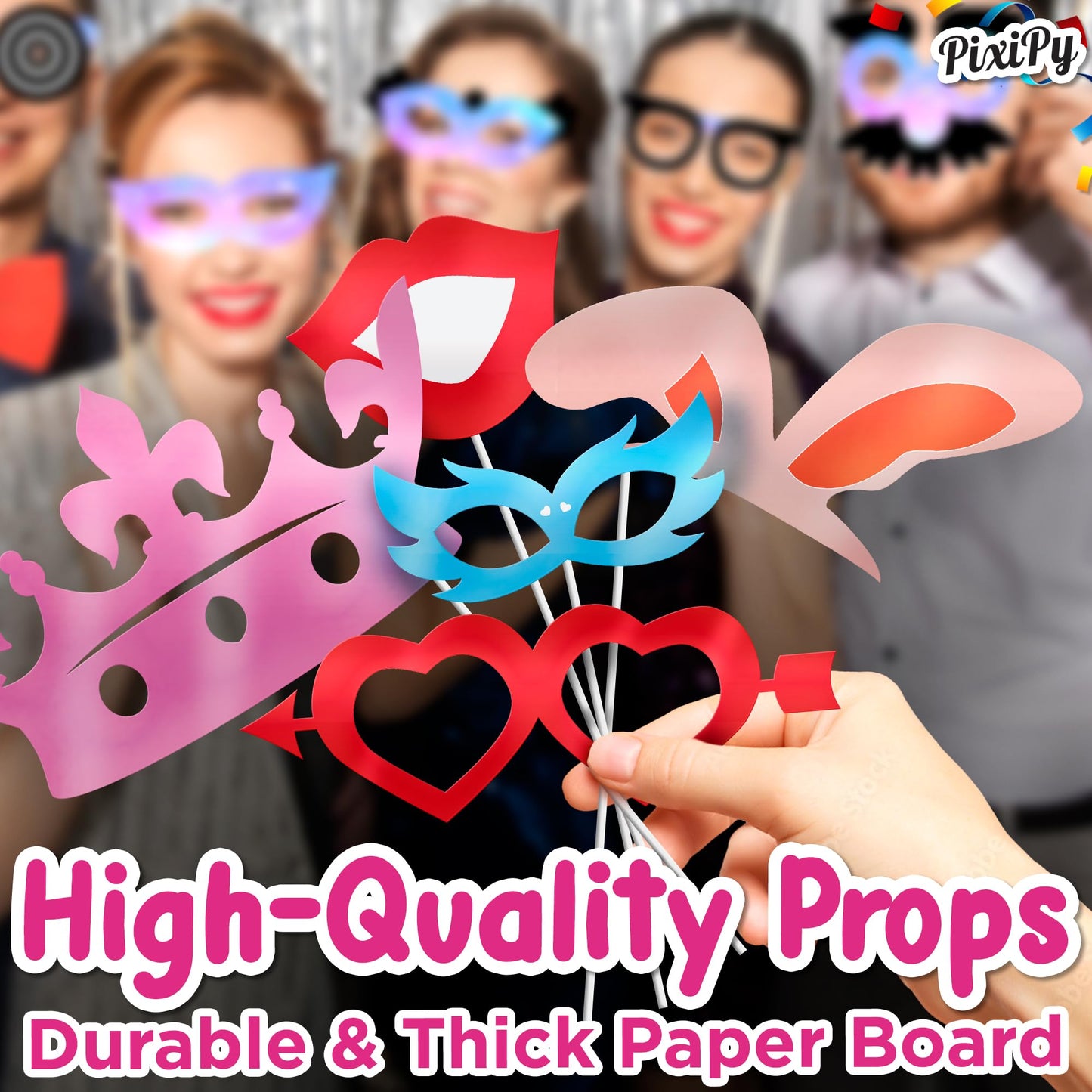Photo Booth Props - 66 Piece Multicolor Kit - Fun Selfie Party Accessories - Mustaches, Hats, Lips & More - by PixiPy