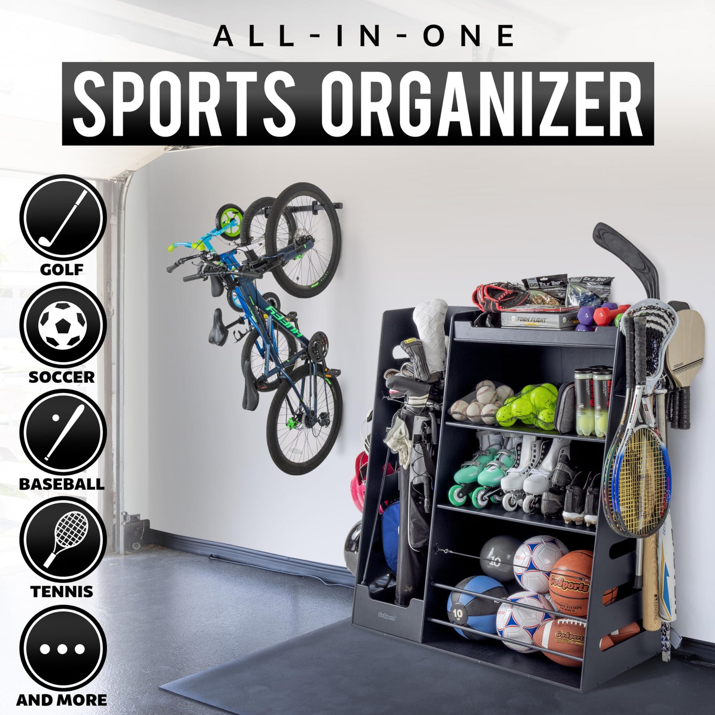 GoSports Premium Wooden Sports Equipment Organizer with Storage Hooks - Golf Bag Rack and Multi-Sport Ball Bin for Garage