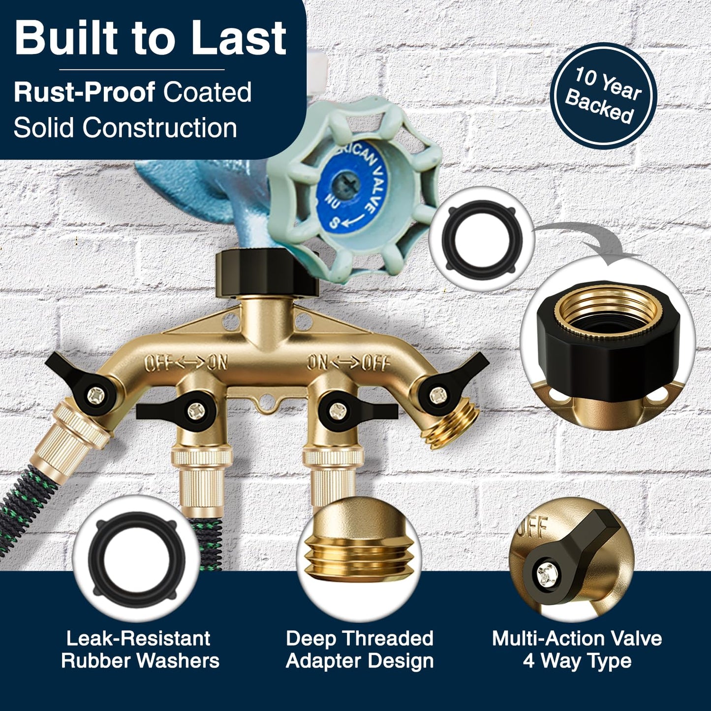 DBR Tech® Heavy Duty 4 Way Hose Splitter (Premium Brass for Superior Durability), Wye Garden Hoses Connector for Water Spigot Faucet Bib Tap, Y Adapter, Rust-Resistant Finish