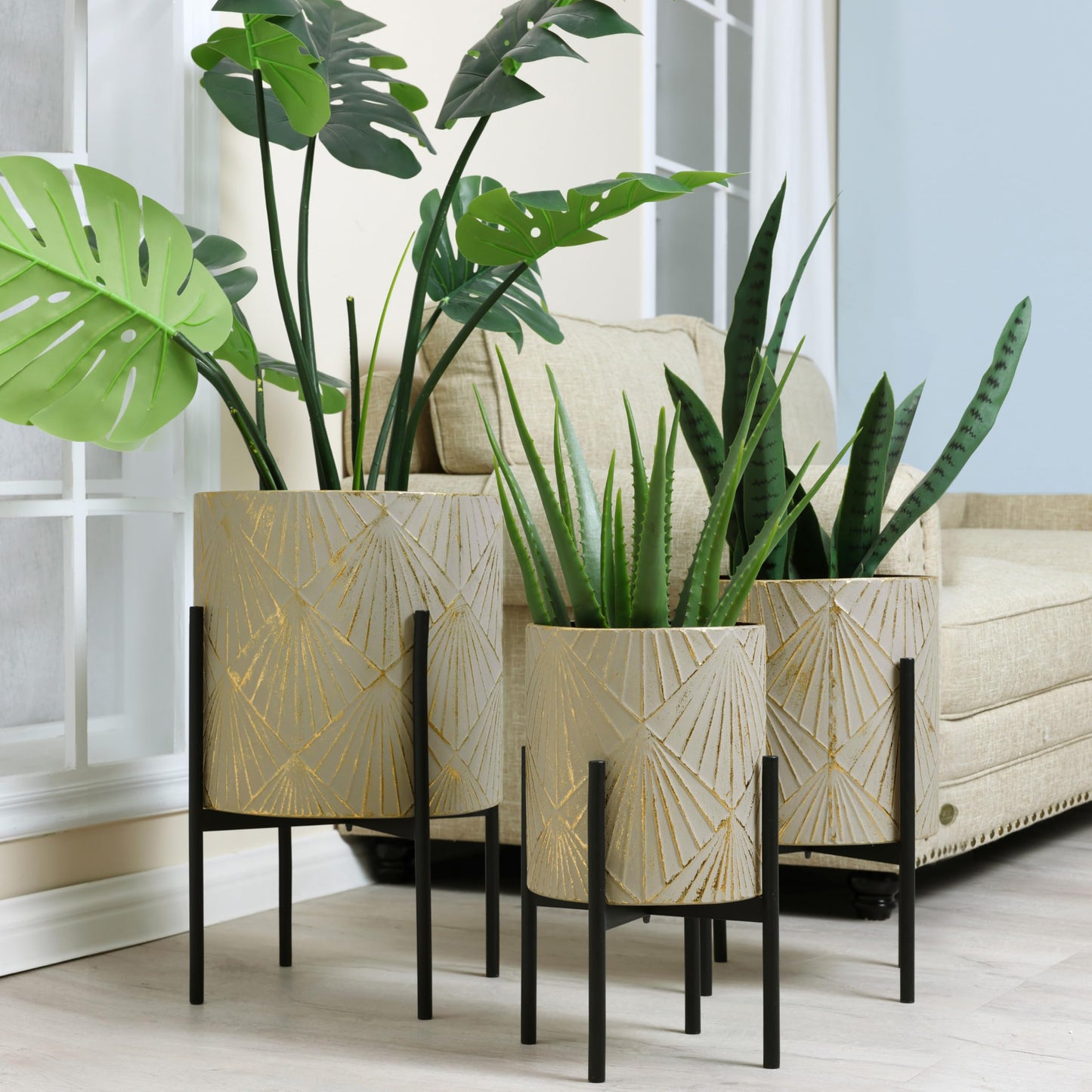 LuxenHome Planters for Indoor Plants, Set of 3 Floor Plants Pots with Stands, Modern Decorative Metal Flower Pots, Green Gray Cachepot Planters,10.5", 12", 14" Inch