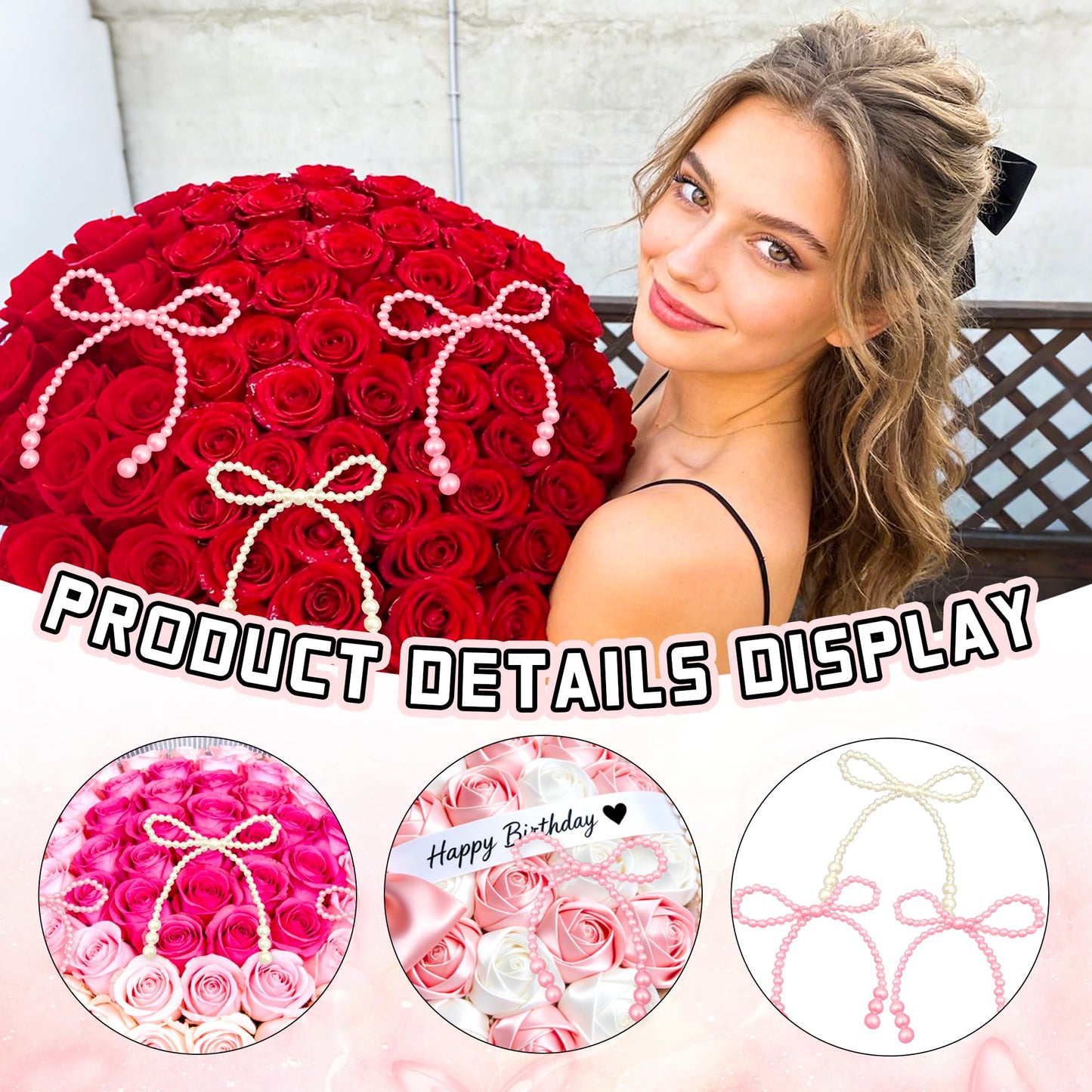 8PCS Pink White Pearl Bow Decoration for Bouquets Pearl Bow Cake Decor Topper Beaded Bridal Shower Decoration for Wedding Bridal Shower Birthday Gift Wrapper