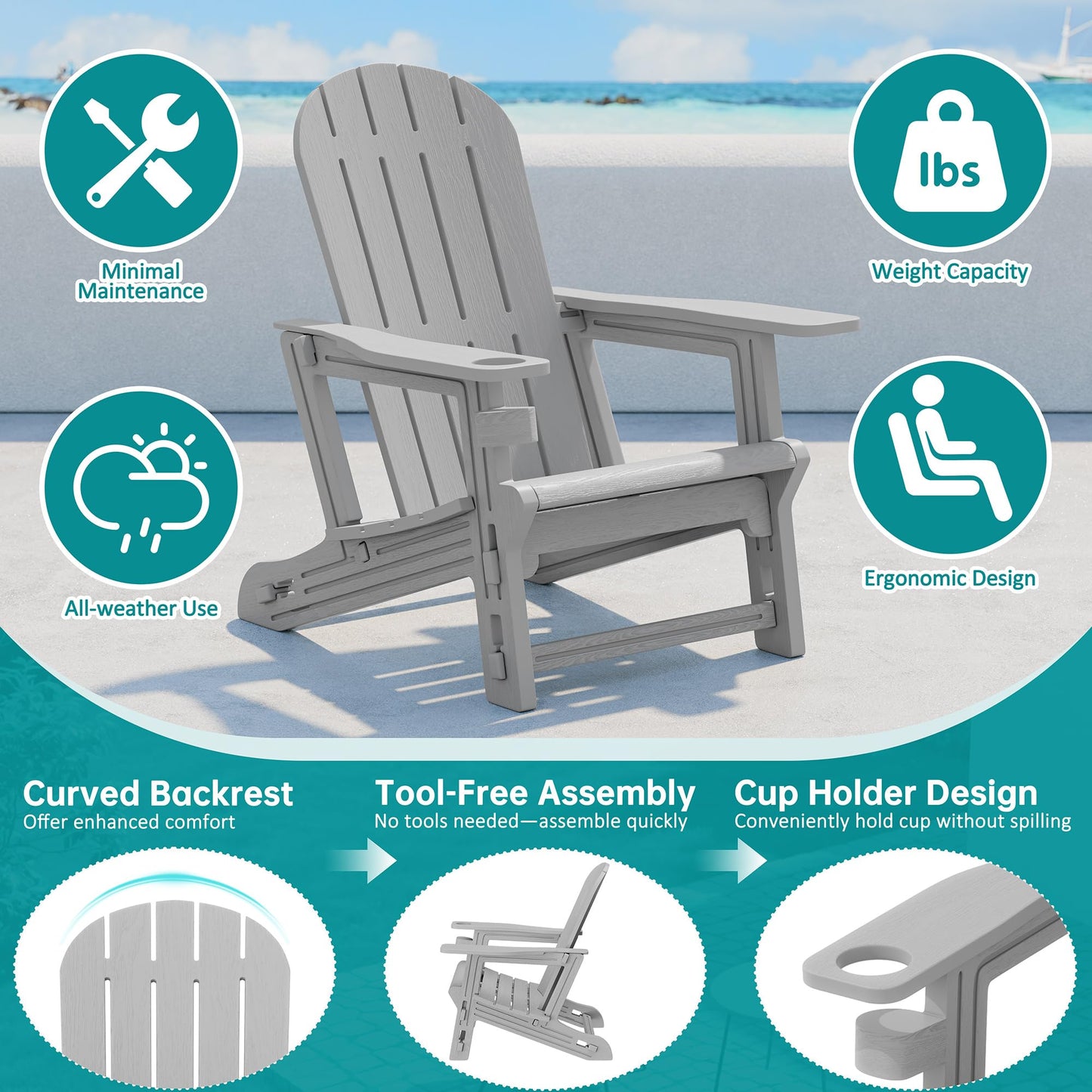 Shintenchi Adirondack Chairs Set of 2,HDPE Adirondack Chairs w/Removable Tablelop & Umbrella Hole,All-Weather Wooden Textured Plastic Outdoor Chairs w/Cup Holders for Garden Backyard Pool,Light Gray