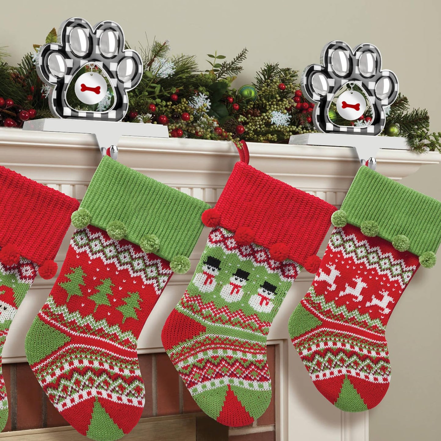 Fowecelt Dog Paw Christmas Stocking Holder with Small Paw Pendant 3D Silver Metal Mantel Black Buffalo Plaid Stocking Hanger for Fireplace Mantel Shelf Stand Table Christmas Decor