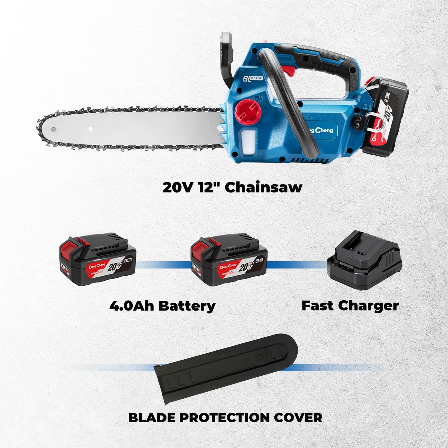 DongCheng Brushless Chainsaw, 20V 12-Inch Cordless Chain Saw, 12m/s Chain Speed, Tool-Free Tensioning, Auto Oiler, with 2×4.0Ah Batteries & Charger, Ideal for Yard Work, Pruning, Wood Cutting