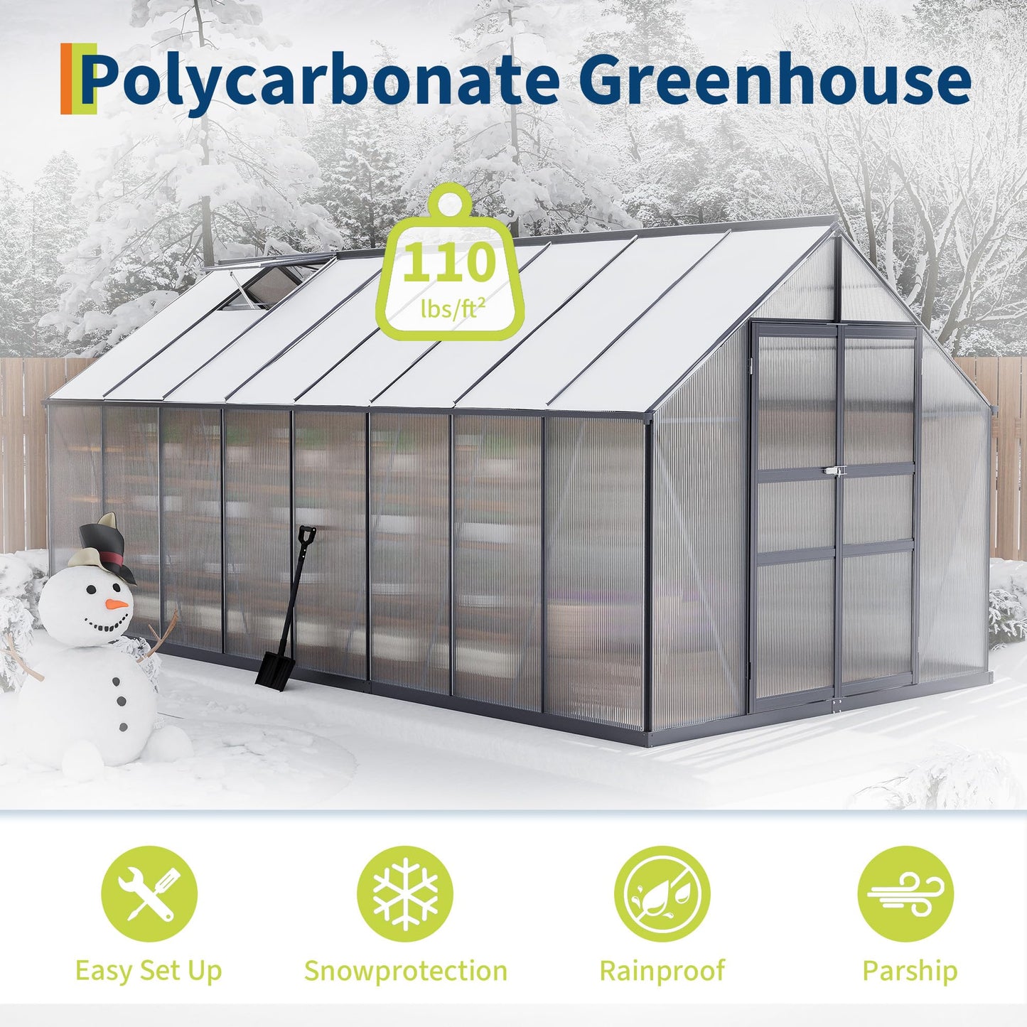 GarveeLife 8*16 ft Outdoor Walk-in Greenhouse, Polycarbonate Green House, Heavy Duty Greenhouse with Vented Roof Window, Windproof Aluminum Frame, Suitable for Outside Gardening, Backyard, Patio