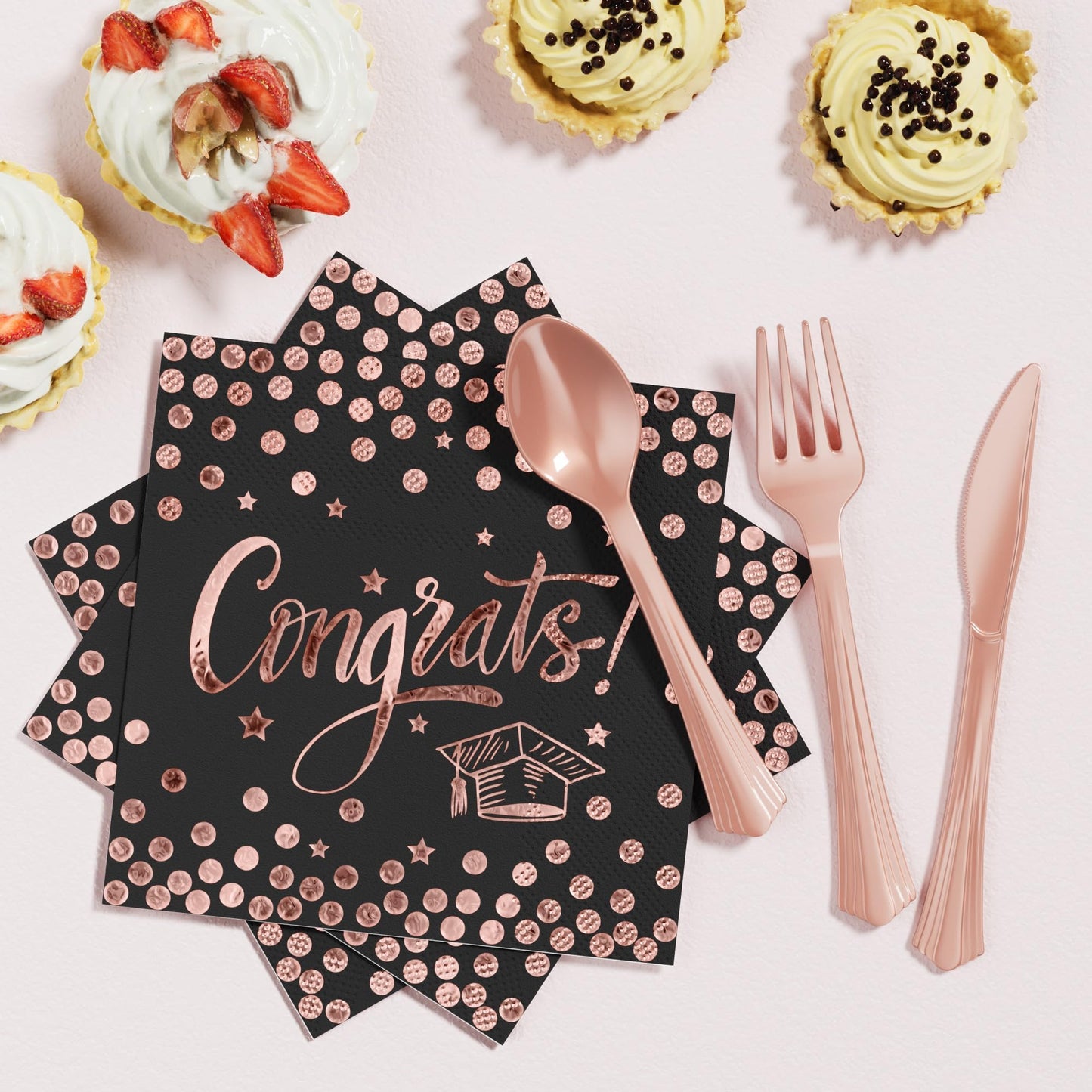 Ecomore 2026 Graduation Party Supplies - 175 PCS Congrats Grad Disposable Dinnerware Set w/Rose Gold Paper Plates Cups Napkins & Plastic Cutlery, Serves 25 Guests for School College Grad Celebration