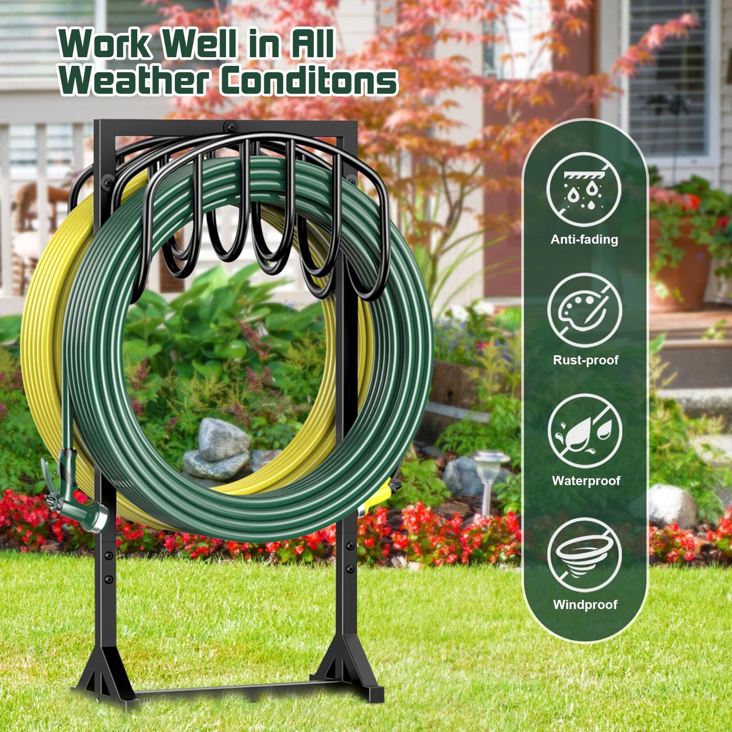 Garden Hose Holder Holds 2 x 151FT Hoses, Heavy-Duty Metal Freestanding Hose Stand Hanger with Stable Base, Rustproof Water Hose Holders for Outside Yard Lawn Farm, Black