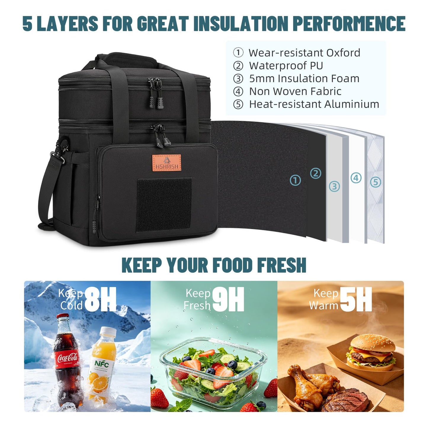 HSHRISH Lunch Box for men, Large Expandable Insulated Lunch Bag, Durable Waterproof Leakproof Tactical Cooler Bag for Adults Men to Work Picnic Beach Day Trips, 24 Cans/16 L, Black